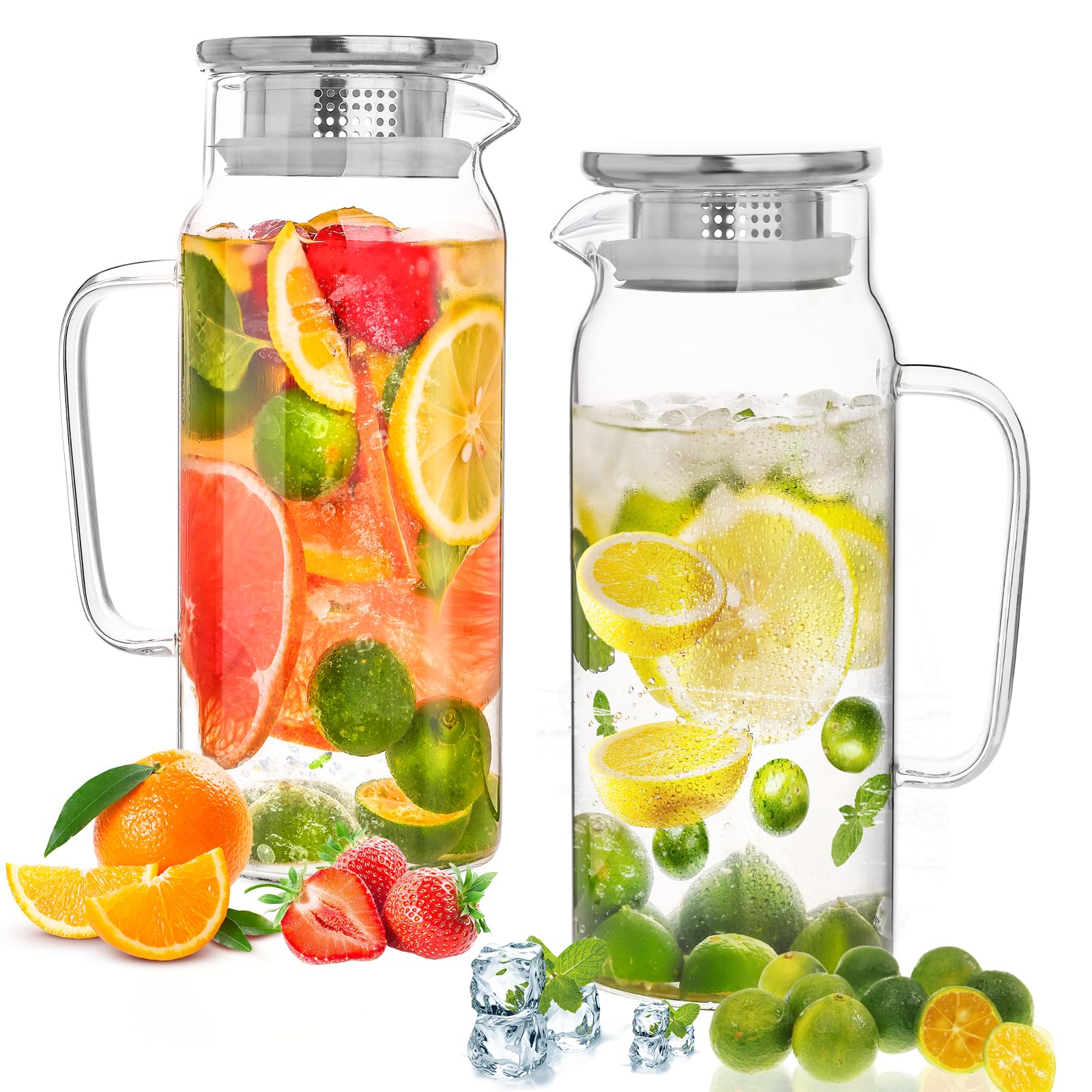Set of 2 Glass Pitcher with Lid,2 Quart (64 oz / 1.9 Liter) Leak Proof,Glass Water Jugs, BPA-Free,Microwave & Dishwasher Safe Pitcher,Sun & Iced Tea, Sangria,Cold Brew Coffee & More