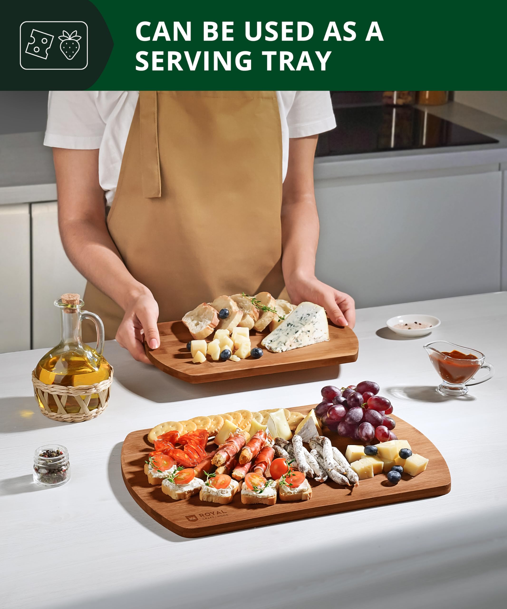 ROYAL CRAFT WOOD Wooden Cutting Boards for Kitchen Meal Prep & Serving - Bamboo Wood Serving Board Set - Charcuterie & Chopping Butcher Block for Meat