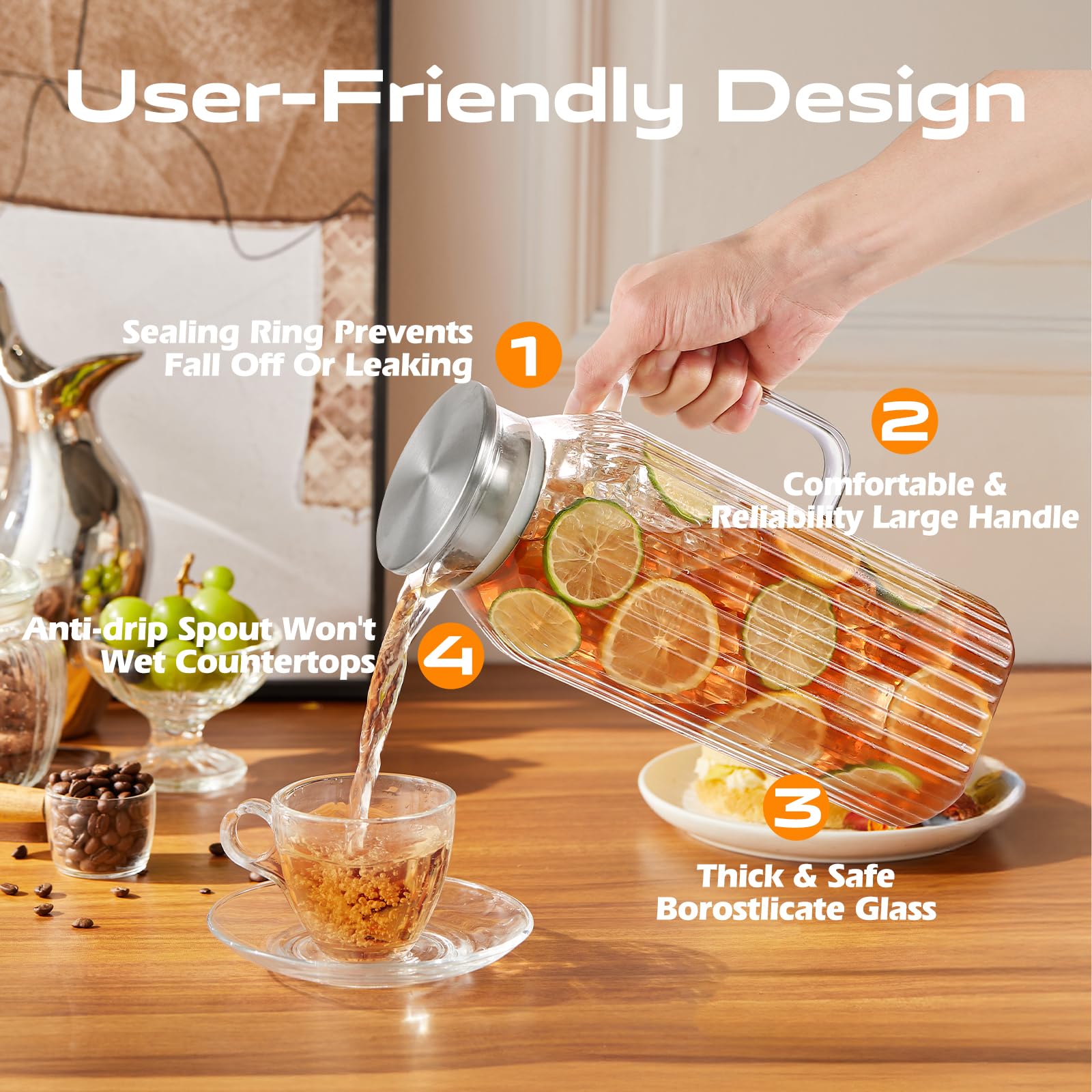 1 Gallon 128oz Glass Pitcher, Water Pitcher with Lid and Spout, Glass Carafe for Hot/Cold Drink, Water Jug for Iced Tea, Coffee, Juice, Milk, Beverage (Extra-Wide Mouth)