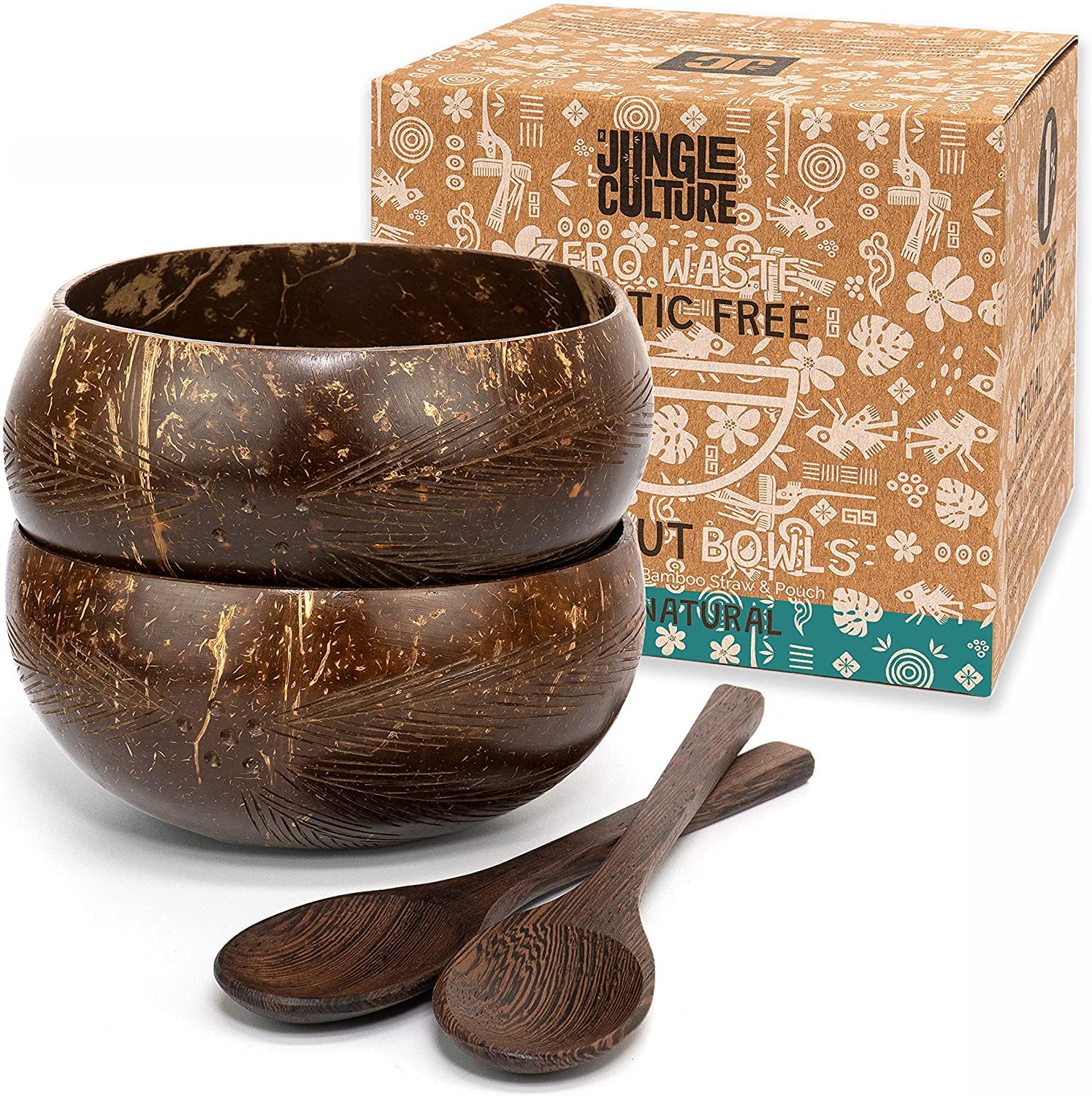 Jungle Culture 2 Polished Coconut Bowl and Wooden Spoons Set with Bamboo Straws • Natural Coconut Smoothie Bowls • Healthy Choice Coco Shell Acai & Buddha Bowls • Eco Friendly Vegan Gifts