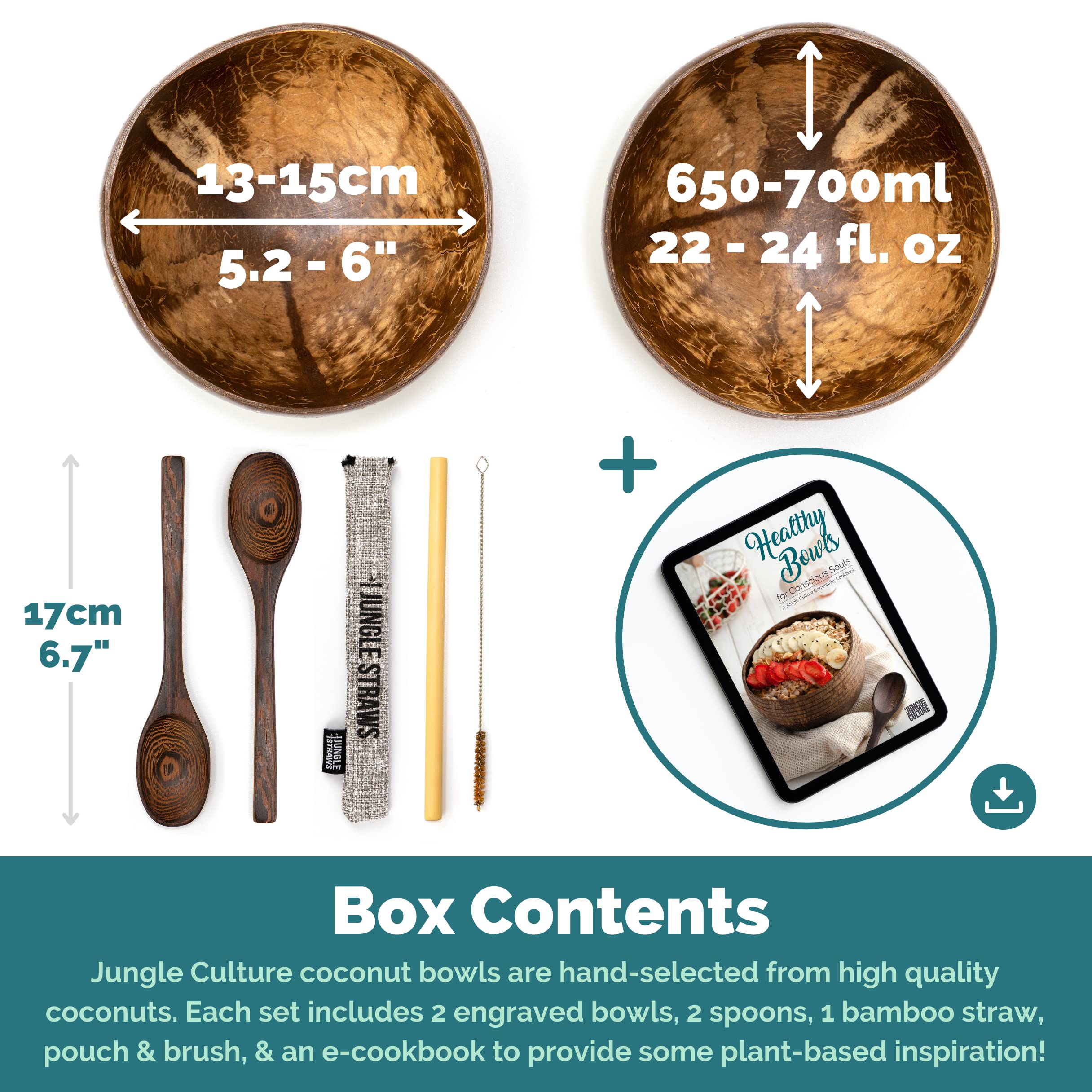Jungle Culture 2 Polished Coconut Bowl and Wooden Spoons Set with Bamboo Straws • Natural Coconut Smoothie Bowls • Healthy Choice Coco Shell Acai & Buddha Bowls • Eco Friendly Vegan Gifts
