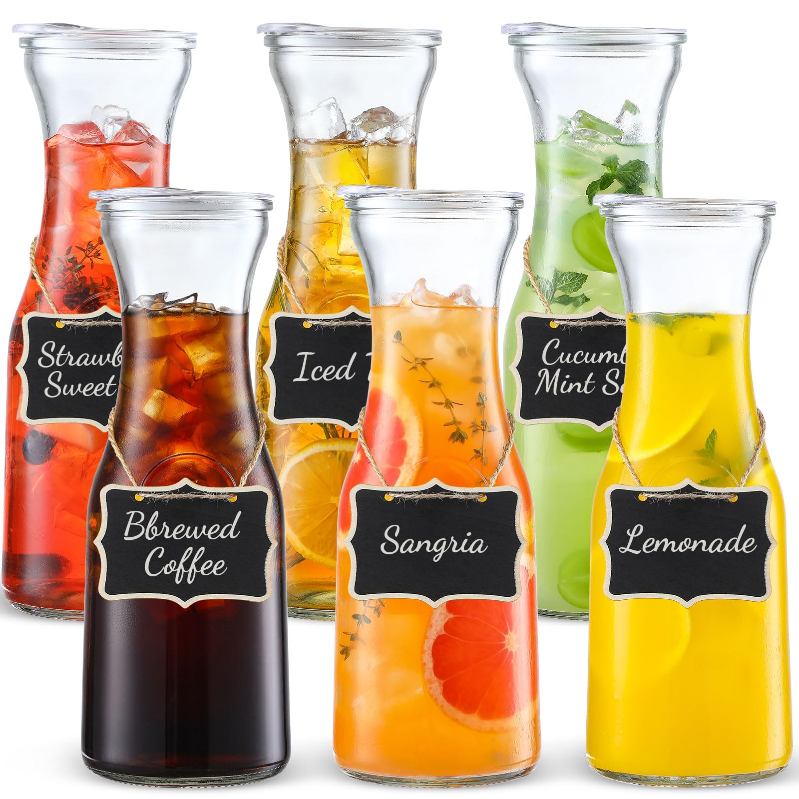 Set of 6 Glass Carafe with Lid, 1 Liter Beverage Serveware Carafe, Clear Glass Pitcher for Mimosa Bar, Brunch, Cold Water, Juice, Milk, Iced Tea, Lemonade