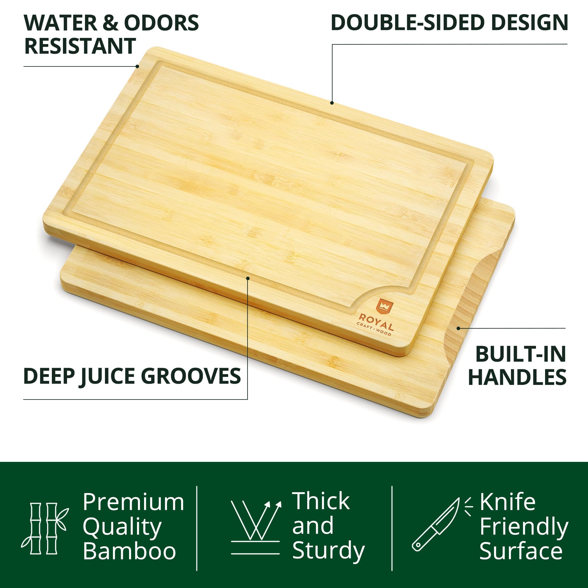 ROYAL CRAFT WOOD Wooden Cutting Boards for Kitchen Meal Prep & Serving - Bamboo Wood Serving Board Set - Charcuterie & Chopping Butcher Block for Meat