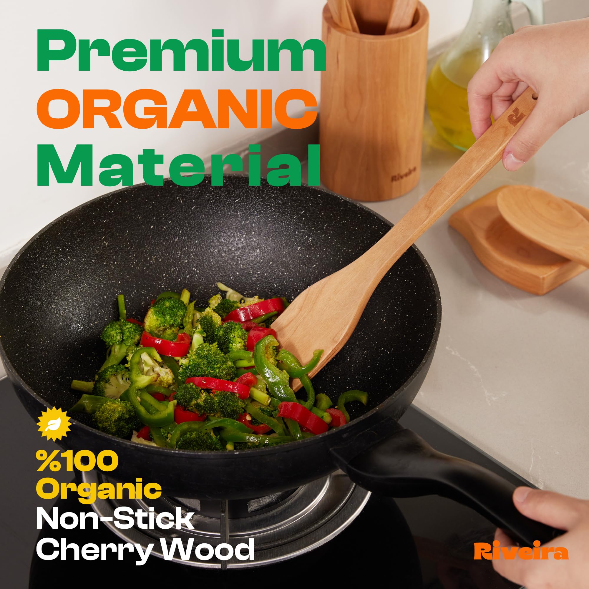 Riveira Premium Brown Bamboo Wooden Spoons for Cooking Set of 9 – Premium Brown Bamboo Wooden Cooking Utensils, Wooden Spatula, Wooden Spoon - Premium Quality Wooden Utensil Set for Non-Toxic Cooking