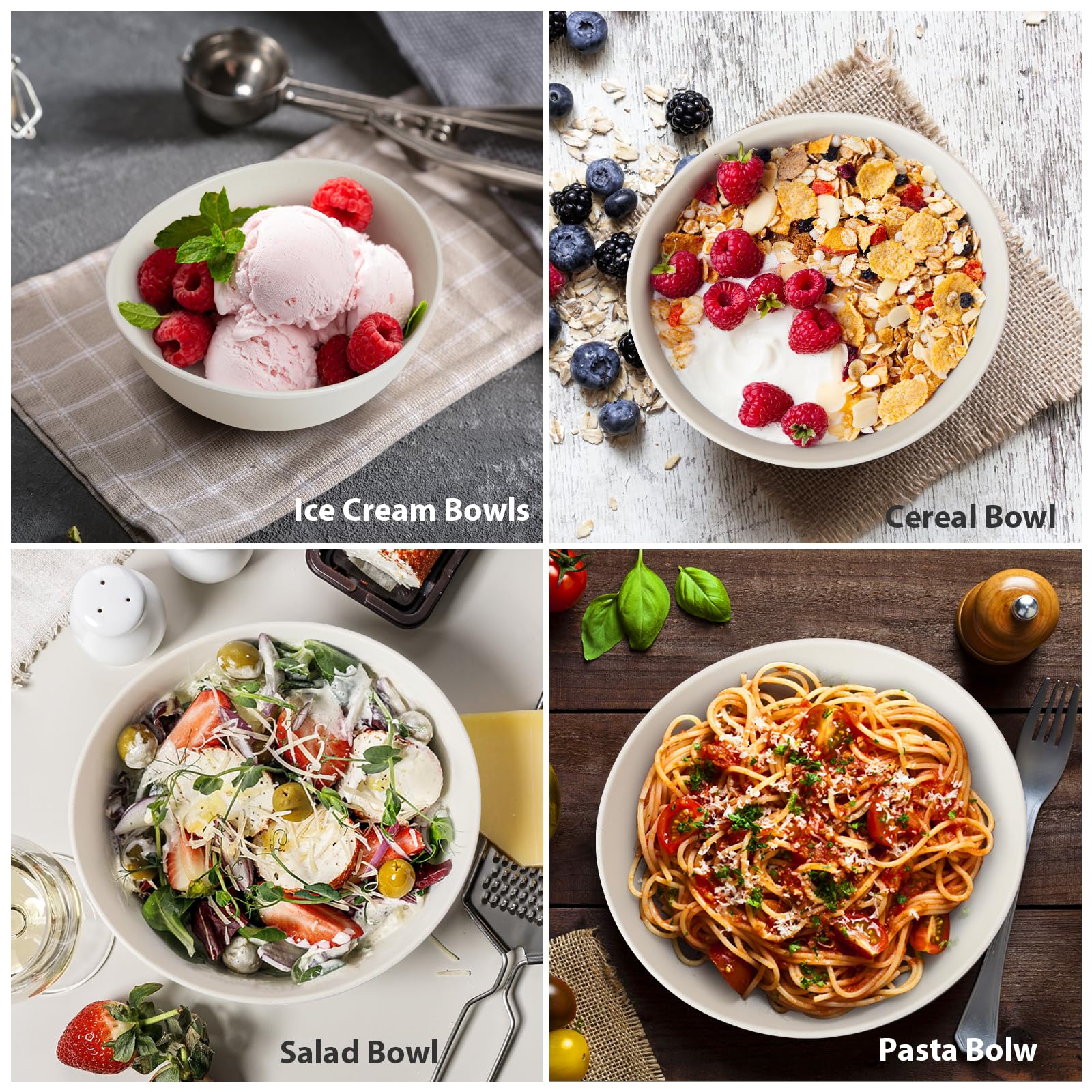 9.6'' Serving Bowls, 84oz Bamboo Fiber Salad Bowl Set of 4, Deep Serving Bowls Set, Large Oval Individual Bowls for Eating Salad/Pasta/Cereal/Pho, Ideal for Home & Restaurant (Matte White)