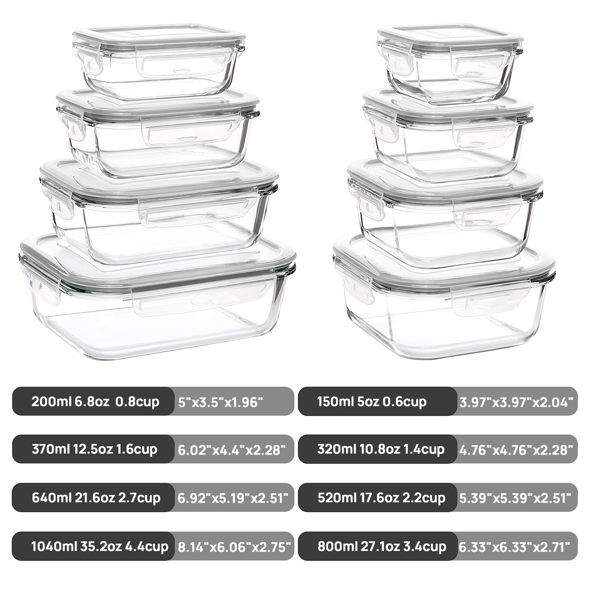Vtopmart 8 Pack Glass Food Storage Containers with Airtight Lids, Glass Meal Prep Containers, Lunch Office Meal for Microwave, Oven, Freezer and Dishwasher, BPA Free