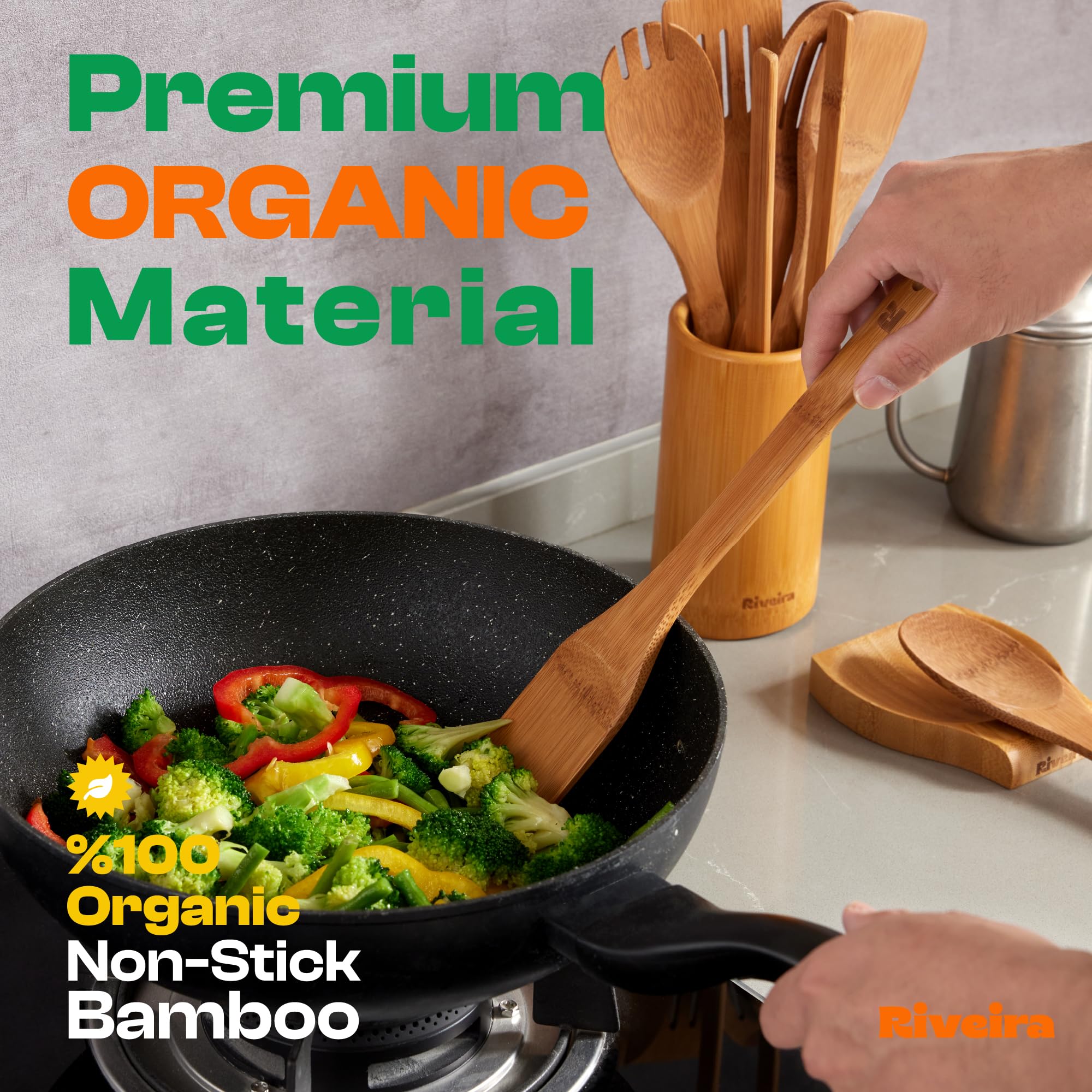 Riveira Premium Brown Bamboo Wooden Spoons for Cooking Set of 9 – Premium Brown Bamboo Wooden Cooking Utensils, Wooden Spatula, Wooden Spoon - Premium Quality Wooden Utensil Set for Non-Toxic Cooking