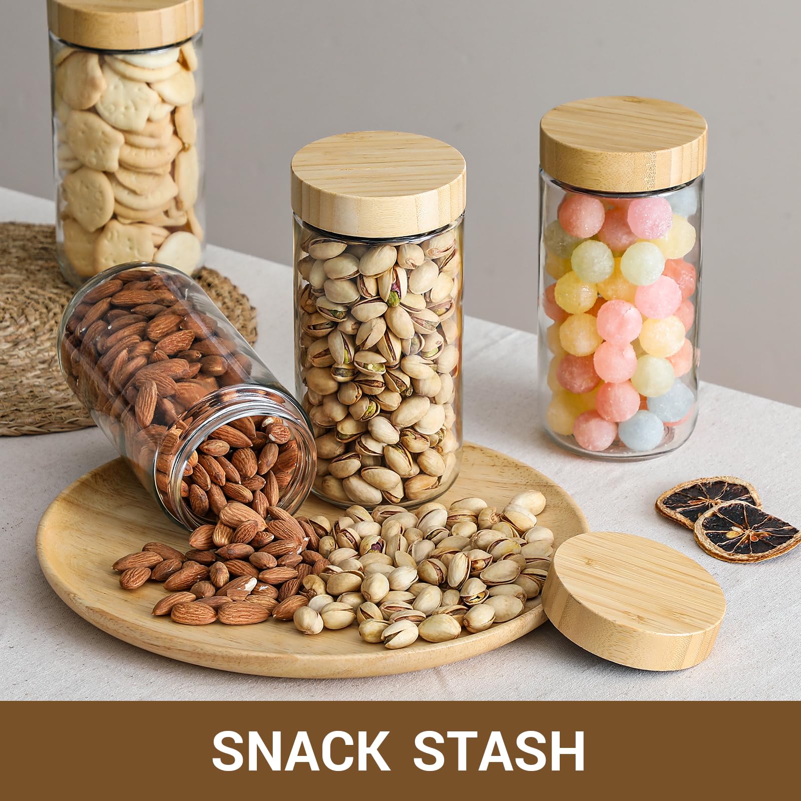 NETANY 4-pack 16oz Glass jars with Airtight Lids, Overnight Oats Containers with Bamboo Lids, Wide mouth Mason Salad jars, Glass Food Storage Containers for Snacks Yogurt Spice Sugar