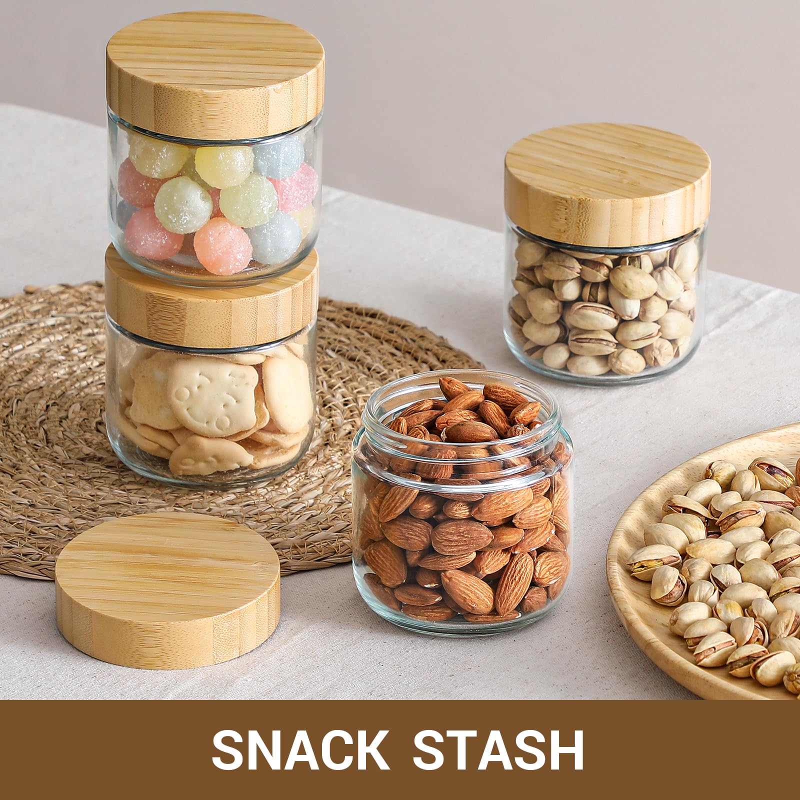 NETANY 4-pack 16oz Glass jars with Airtight Lids, Overnight Oats Containers with Bamboo Lids, Wide mouth Mason Salad jars, Glass Food Storage Containers for Snacks Yogurt Spice Sugar