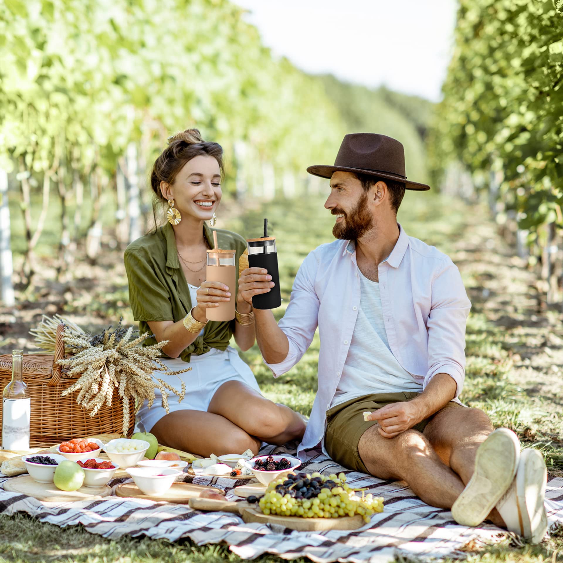 Tronco 20 oz Glass Tumbler with Lid and Straw, Iced Coffee Cup and Smoothie Cup with Bamboo Lids & Protective Silicone Sleeve, Dishwasher Safe, BPA-Free, Glass Cup 1 Pack