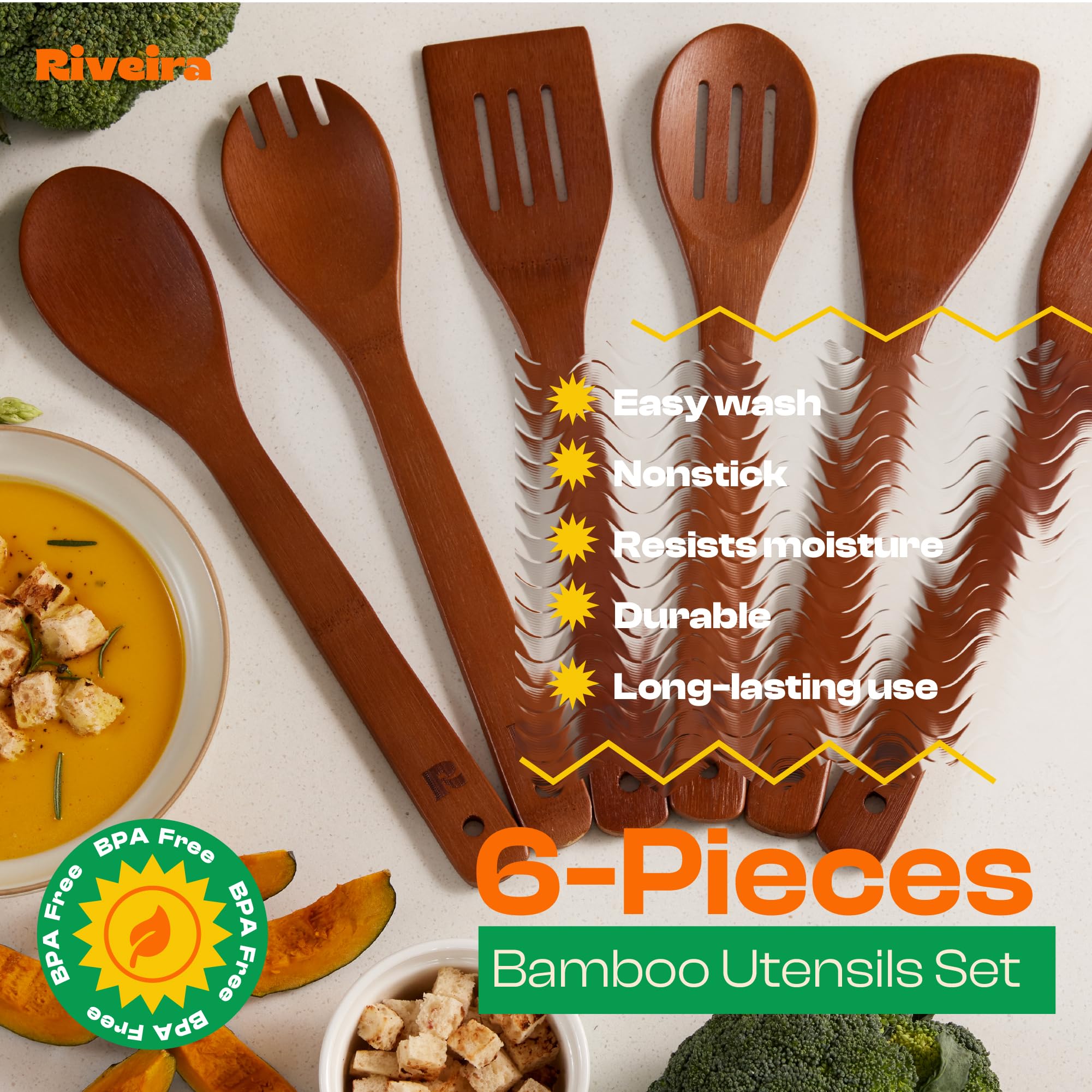 Riveira Premium Brown Bamboo Wooden Spoons for Cooking Set of 9 – Premium Brown Bamboo Wooden Cooking Utensils, Wooden Spatula, Wooden Spoon - Premium Quality Wooden Utensil Set for Non-Toxic Cooking