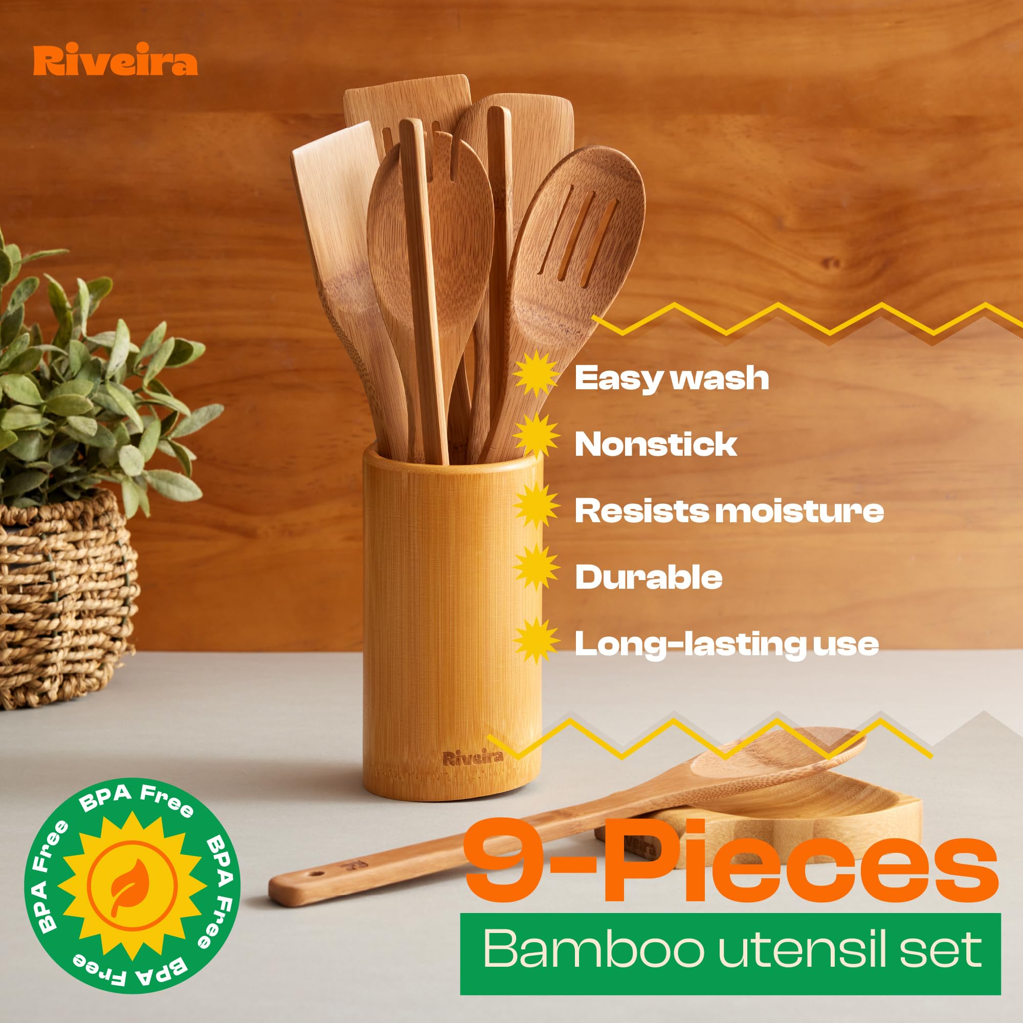 Riveira Premium Brown Bamboo Wooden Spoons for Cooking Set of 9 – Premium Brown Bamboo Wooden Cooking Utensils, Wooden Spatula, Wooden Spoon - Premium Quality Wooden Utensil Set for Non-Toxic Cooking