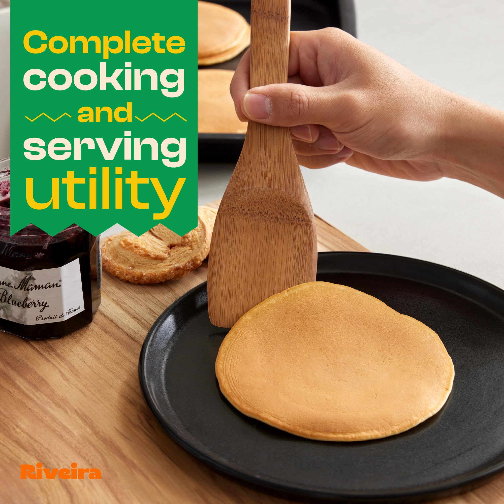 Riveira Premium Brown Bamboo Wooden Spoons for Cooking Set of 9 – Premium Brown Bamboo Wooden Cooking Utensils, Wooden Spatula, Wooden Spoon - Premium Quality Wooden Utensil Set for Non-Toxic Cooking