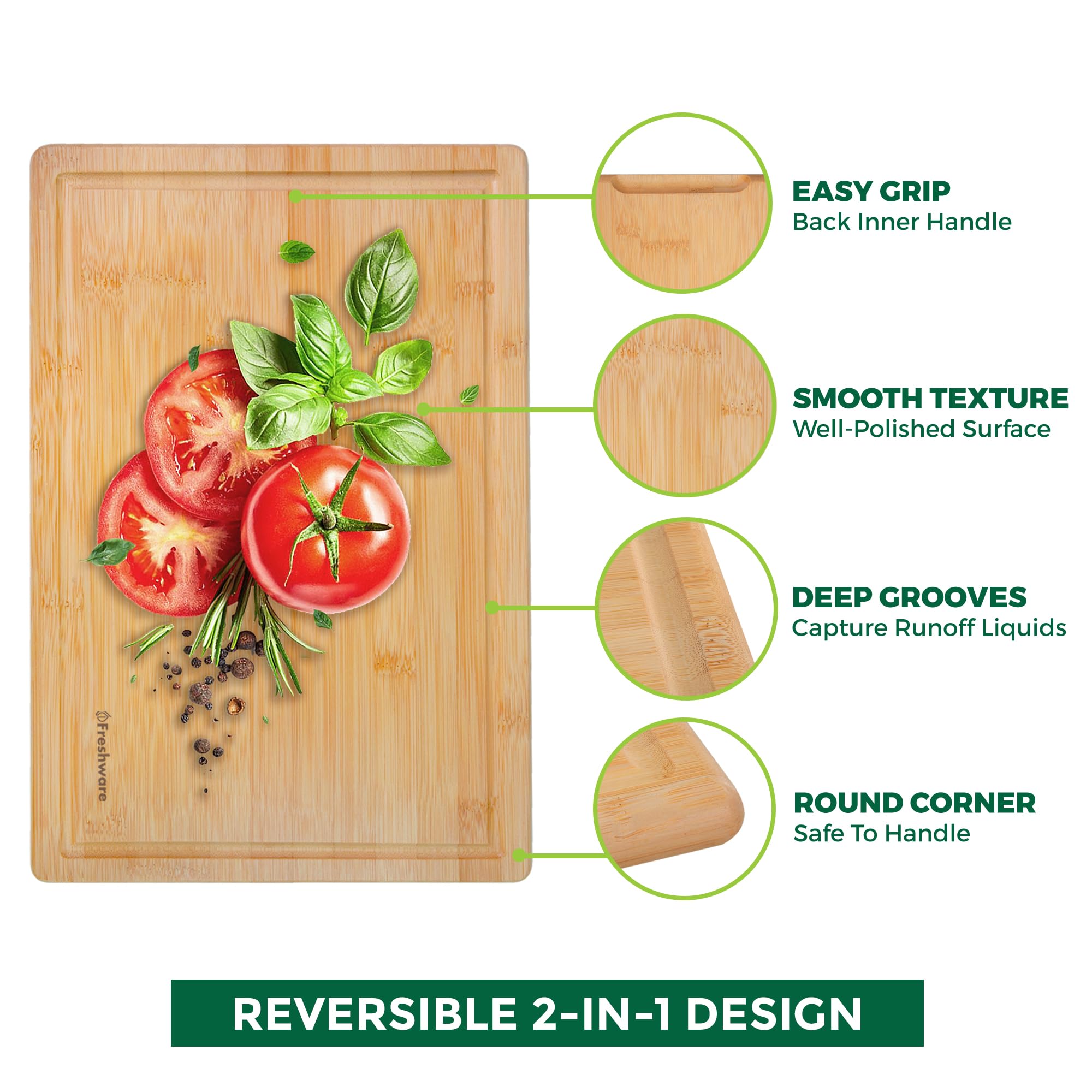 Bamboo Cutting Boards for Kitchen [Set of 3] Wood Cutting Board for Chopping Meat, Vegetables, Fruits, Cheese, Knife Friendly Serving Tray with Handles