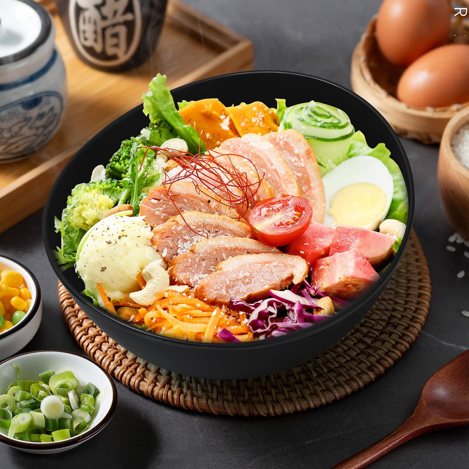 9.6'' Serving Bowls, 84oz Bamboo Fiber Salad Bowl Set of 4, Deep Serving Bowls Set, Large Oval Individual Bowls for Eating Salad/Pasta/Cereal/Pho, Ideal for Home & Restaurant (Matte White)