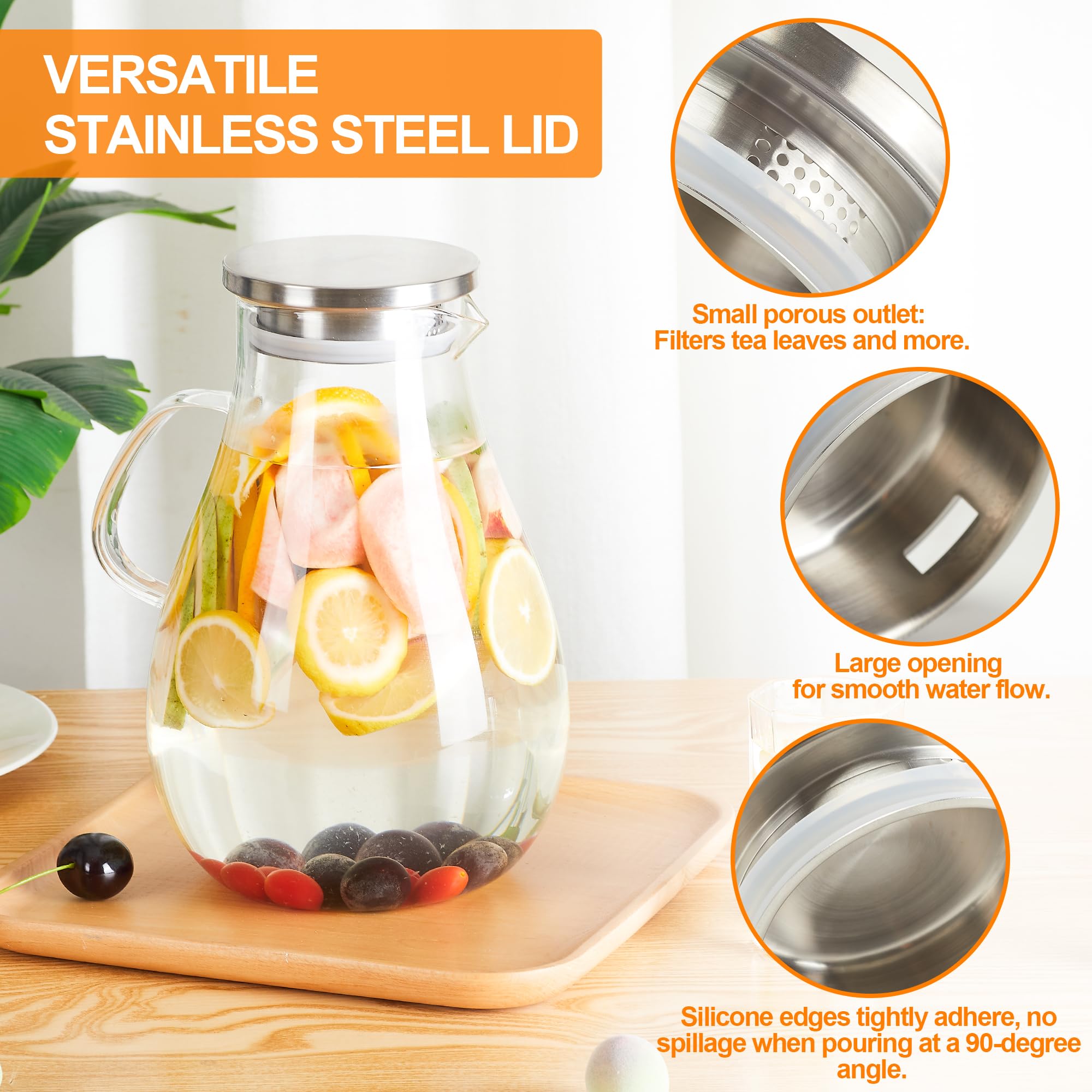 Set of 2 Glass Pitcher with Lid,2 Quart (64 oz / 1.9 Liter) Leak Proof,Glass Water Jugs, BPA-Free,Microwave & Dishwasher Safe Pitcher,Sun & Iced Tea, Sangria,Cold Brew Coffee & More