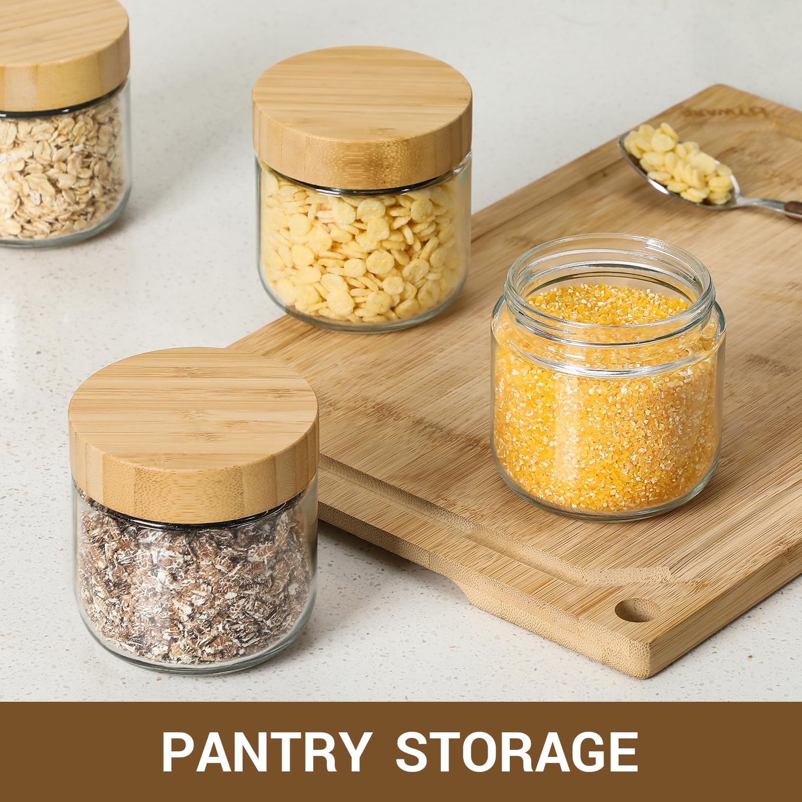 NETANY 4-pack 16oz Glass jars with Airtight Lids, Overnight Oats Containers with Bamboo Lids, Wide mouth Mason Salad jars, Glass Food Storage Containers for Snacks Yogurt Spice Sugar