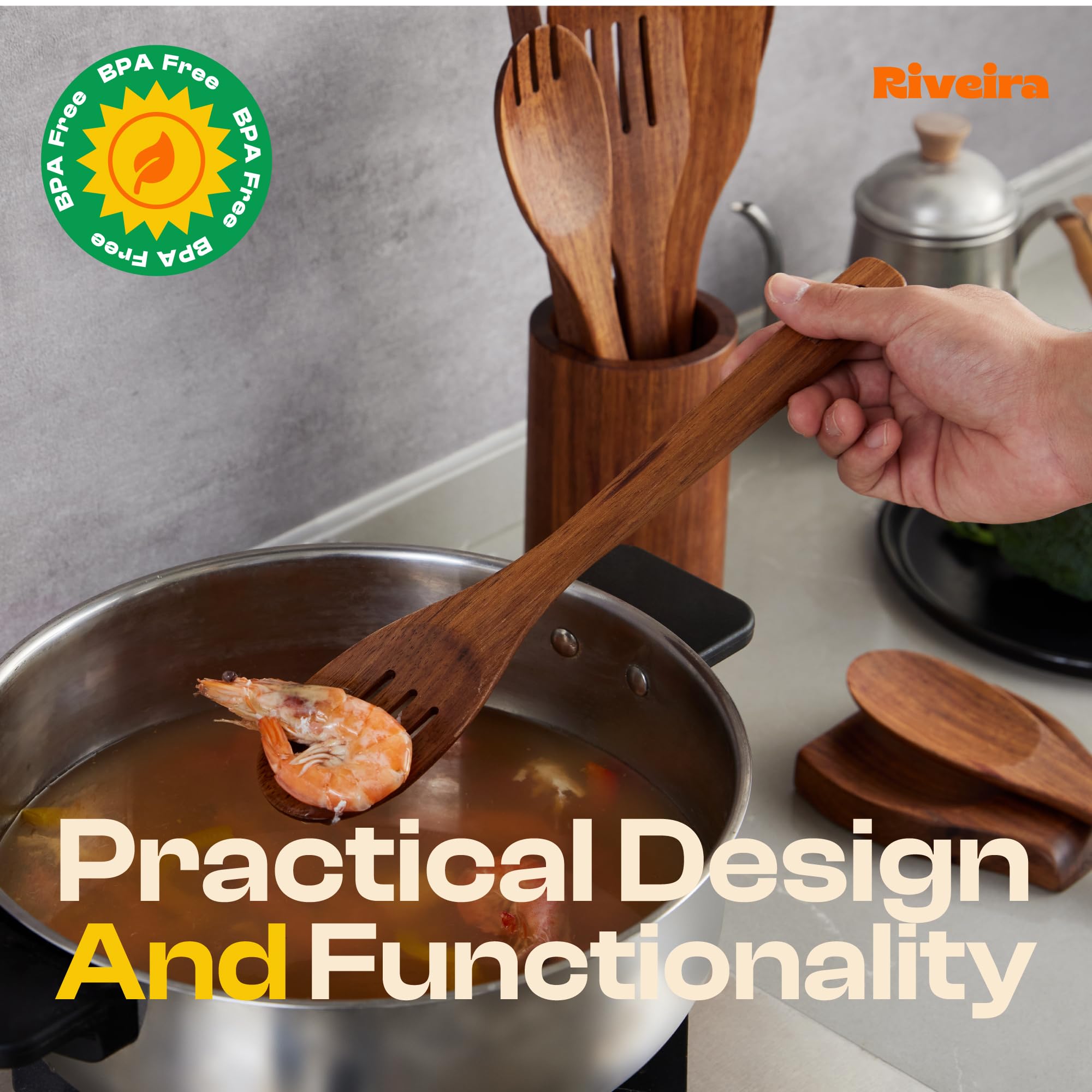 Riveira Premium Brown Bamboo Wooden Spoons for Cooking Set of 9 – Premium Brown Bamboo Wooden Cooking Utensils, Wooden Spatula, Wooden Spoon - Premium Quality Wooden Utensil Set for Non-Toxic Cooking