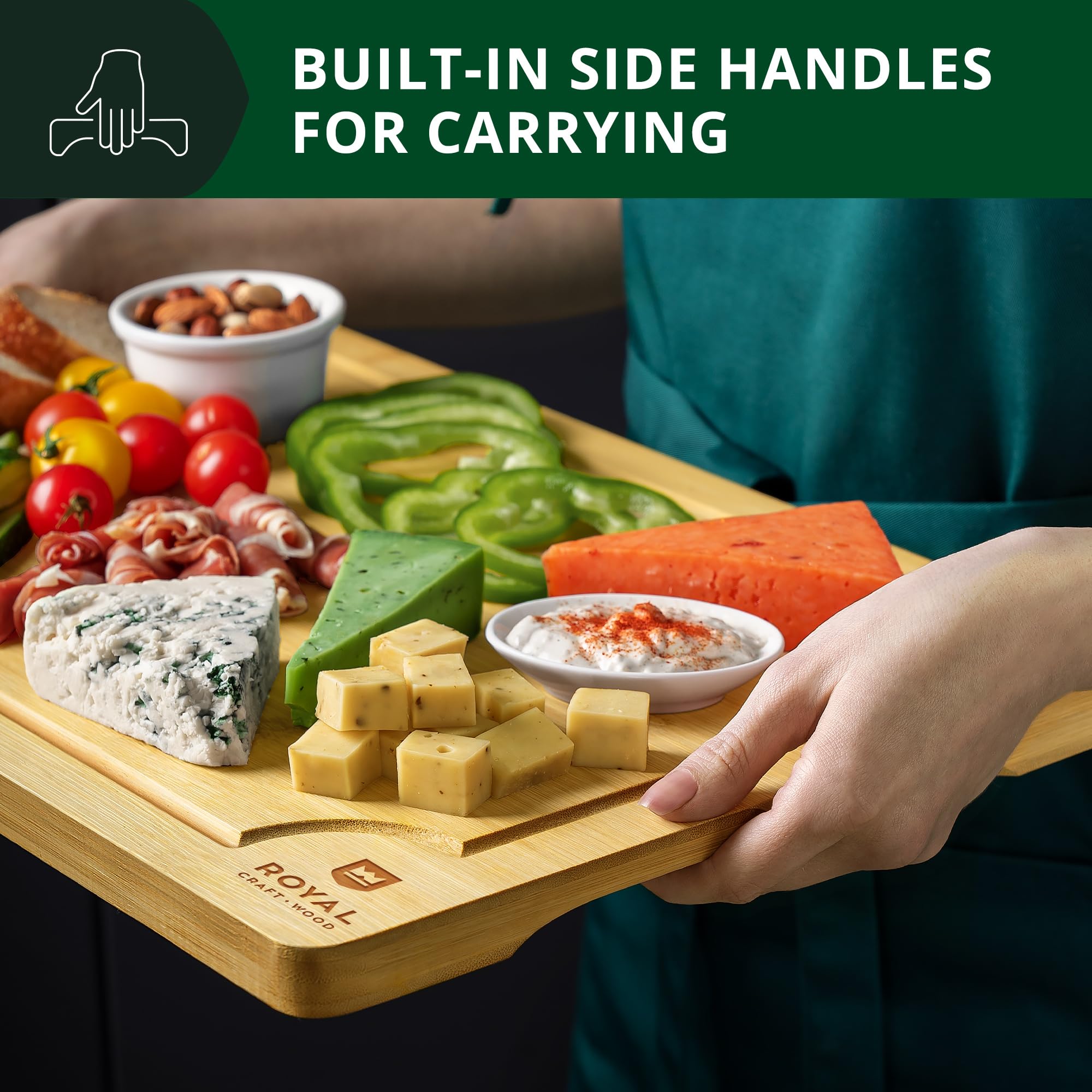 ROYAL CRAFT WOOD Wooden Cutting Boards for Kitchen Meal Prep & Serving - Bamboo Wood Serving Board Set - Charcuterie & Chopping Butcher Block for Meat
