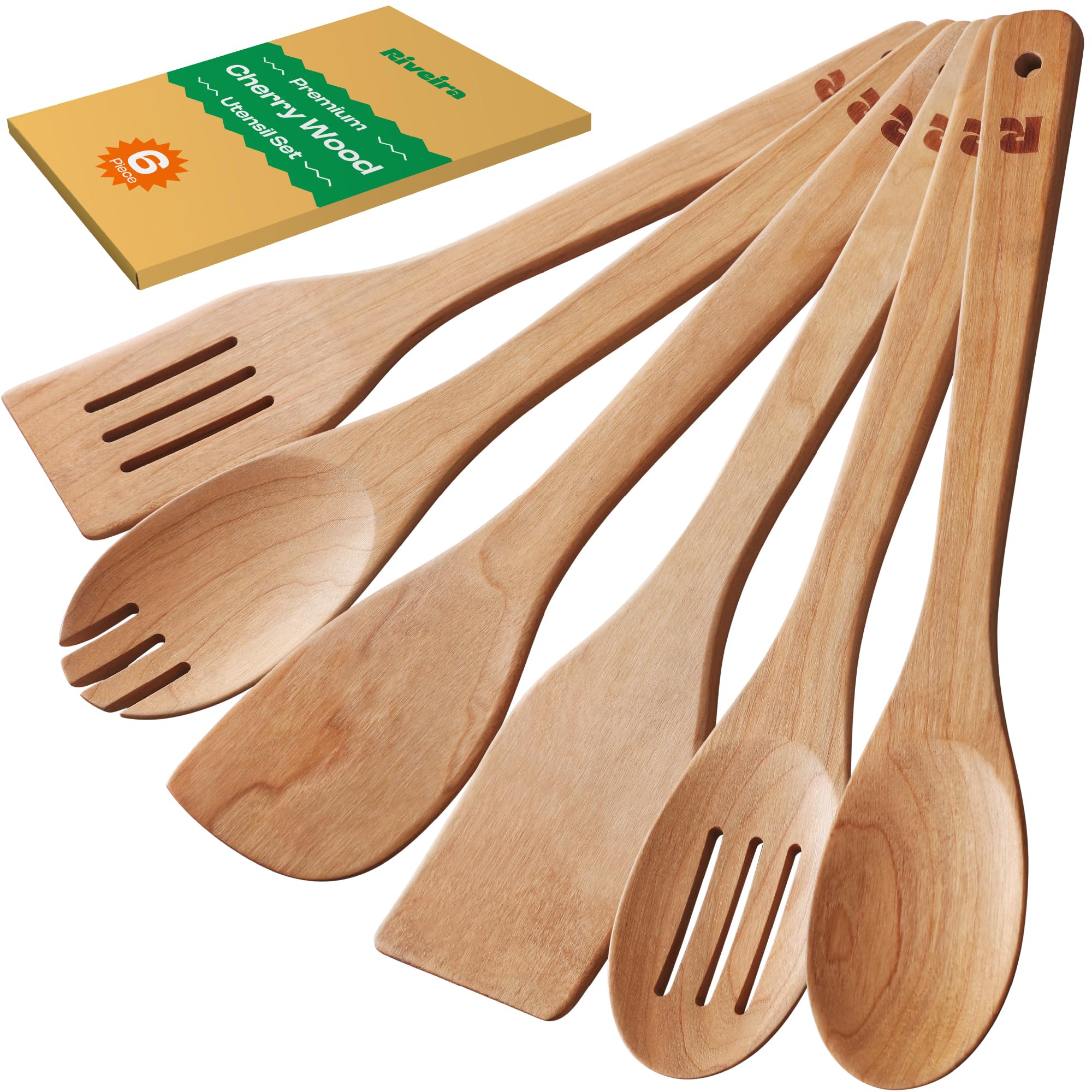Riveira Premium Brown Bamboo Wooden Spoons for Cooking Set of 9 – Premium Brown Bamboo Wooden Cooking Utensils, Wooden Spatula, Wooden Spoon - Premium Quality Wooden Utensil Set for Non-Toxic Cooking