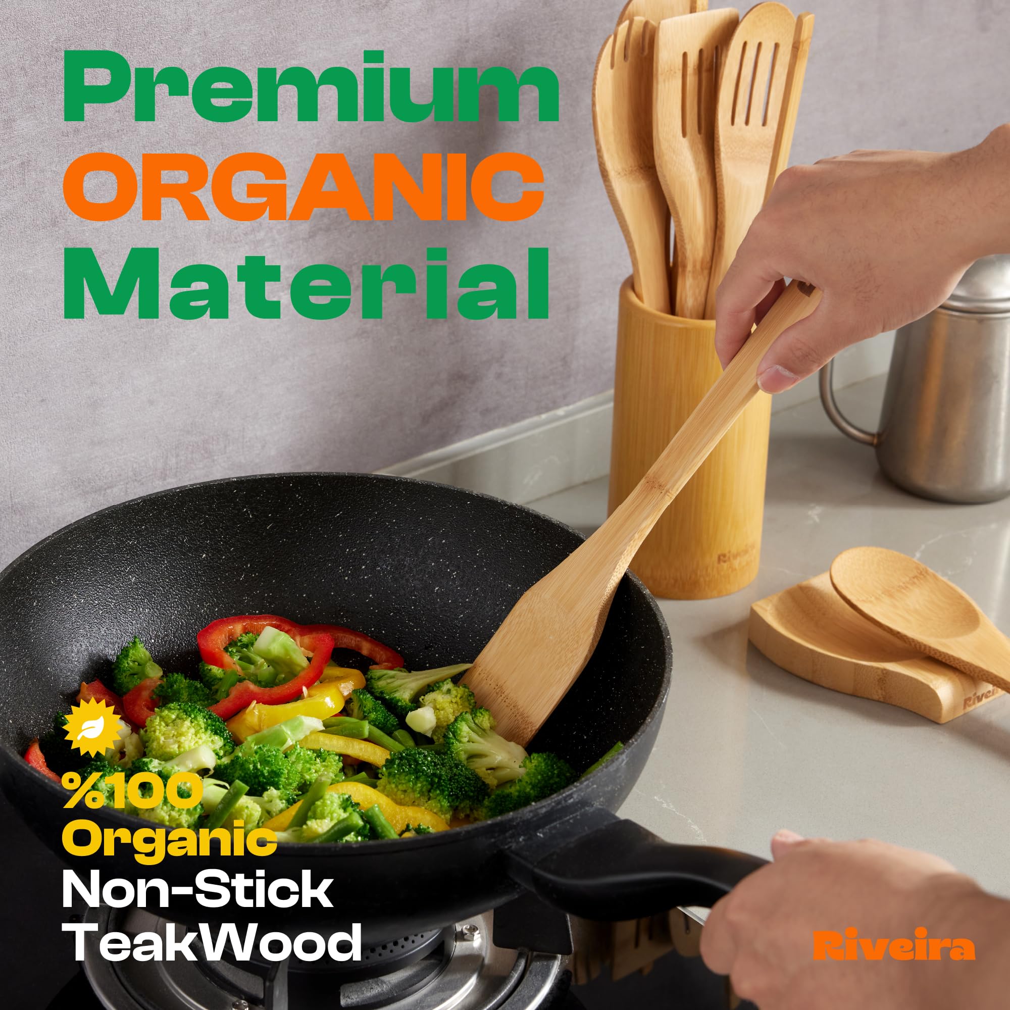 Riveira Premium Brown Bamboo Wooden Spoons for Cooking Set of 9 – Premium Brown Bamboo Wooden Cooking Utensils, Wooden Spatula, Wooden Spoon - Premium Quality Wooden Utensil Set for Non-Toxic Cooking