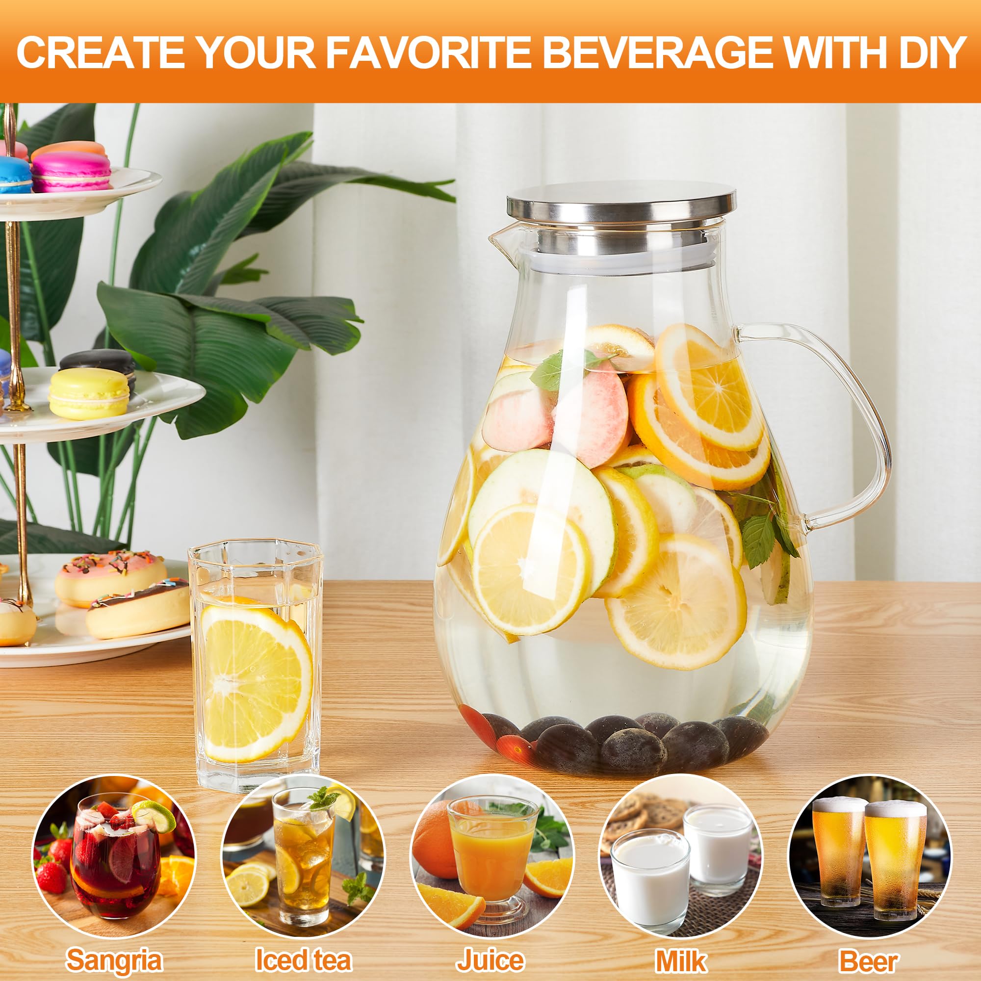 Set of 2 Glass Pitcher with Lid,2 Quart (64 oz / 1.9 Liter) Leak Proof,Glass Water Jugs, BPA-Free,Microwave & Dishwasher Safe Pitcher,Sun & Iced Tea, Sangria,Cold Brew Coffee & More