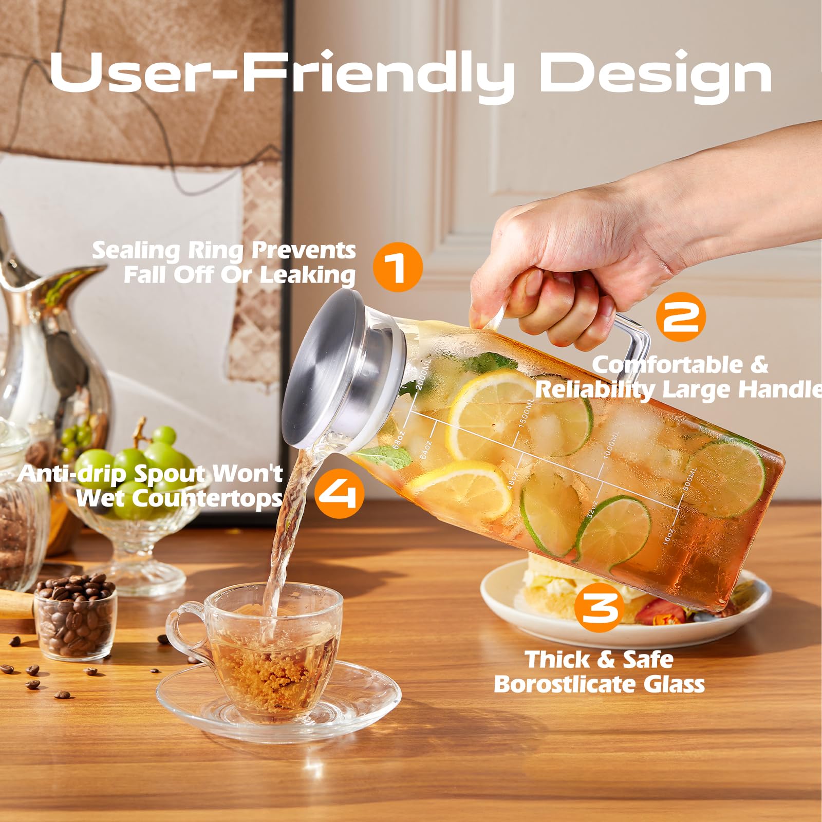 1 Gallon 128oz Glass Pitcher, Water Pitcher with Lid and Spout, Glass Carafe for Hot/Cold Drink, Water Jug for Iced Tea, Coffee, Juice, Milk, Beverage (Extra-Wide Mouth)