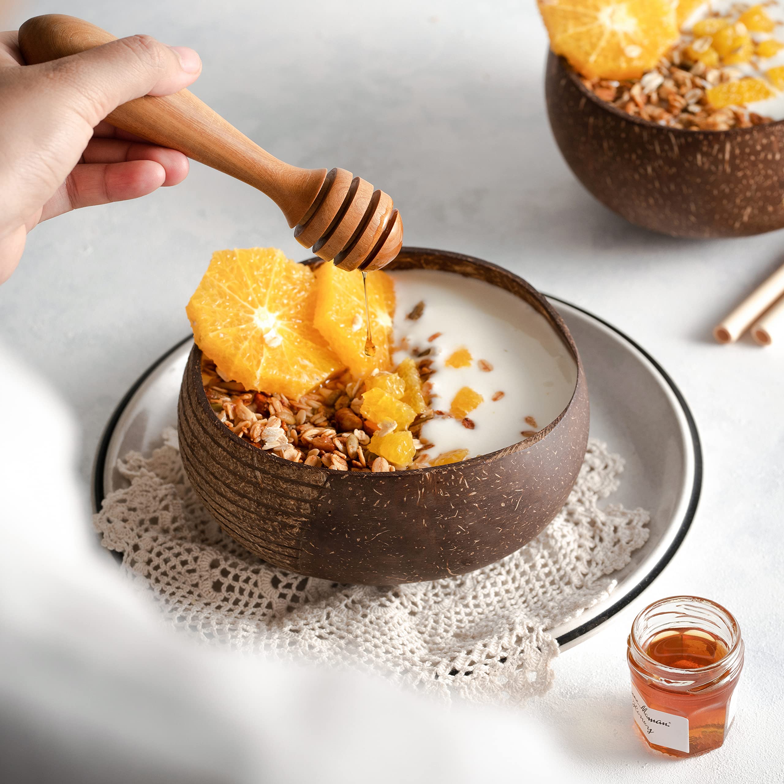 Jungle Culture 2 Polished Coconut Bowl and Wooden Spoons Set with Bamboo Straws • Natural Coconut Smoothie Bowls • Healthy Choice Coco Shell Acai & Buddha Bowls • Eco Friendly Vegan Gifts