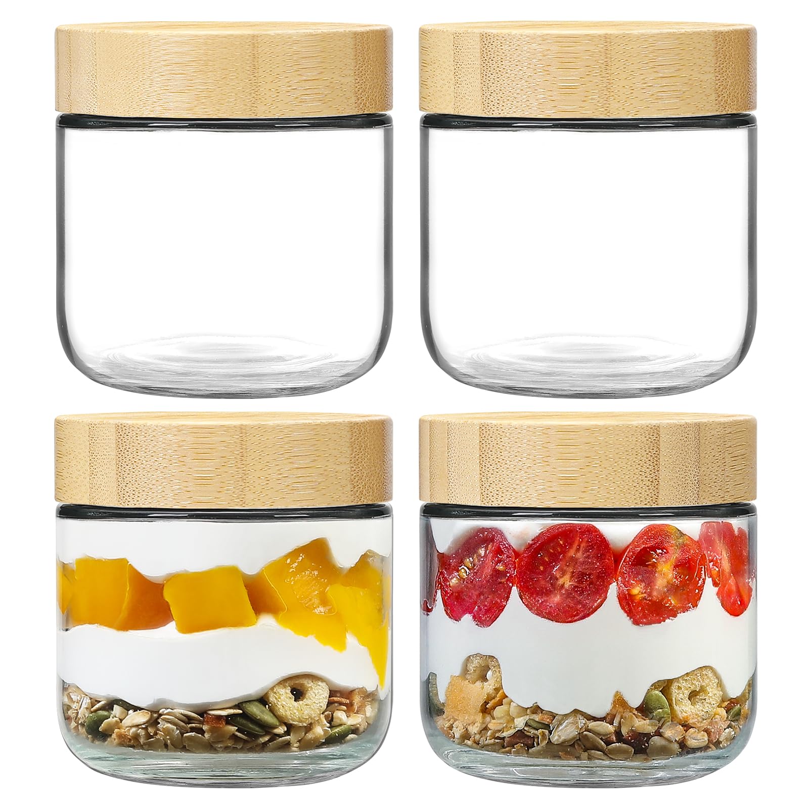 NETANY 4-pack 16oz Glass jars with Airtight Lids, Overnight Oats Containers with Bamboo Lids, Wide mouth Mason Salad jars, Glass Food Storage Containers for Snacks Yogurt Spice Sugar
