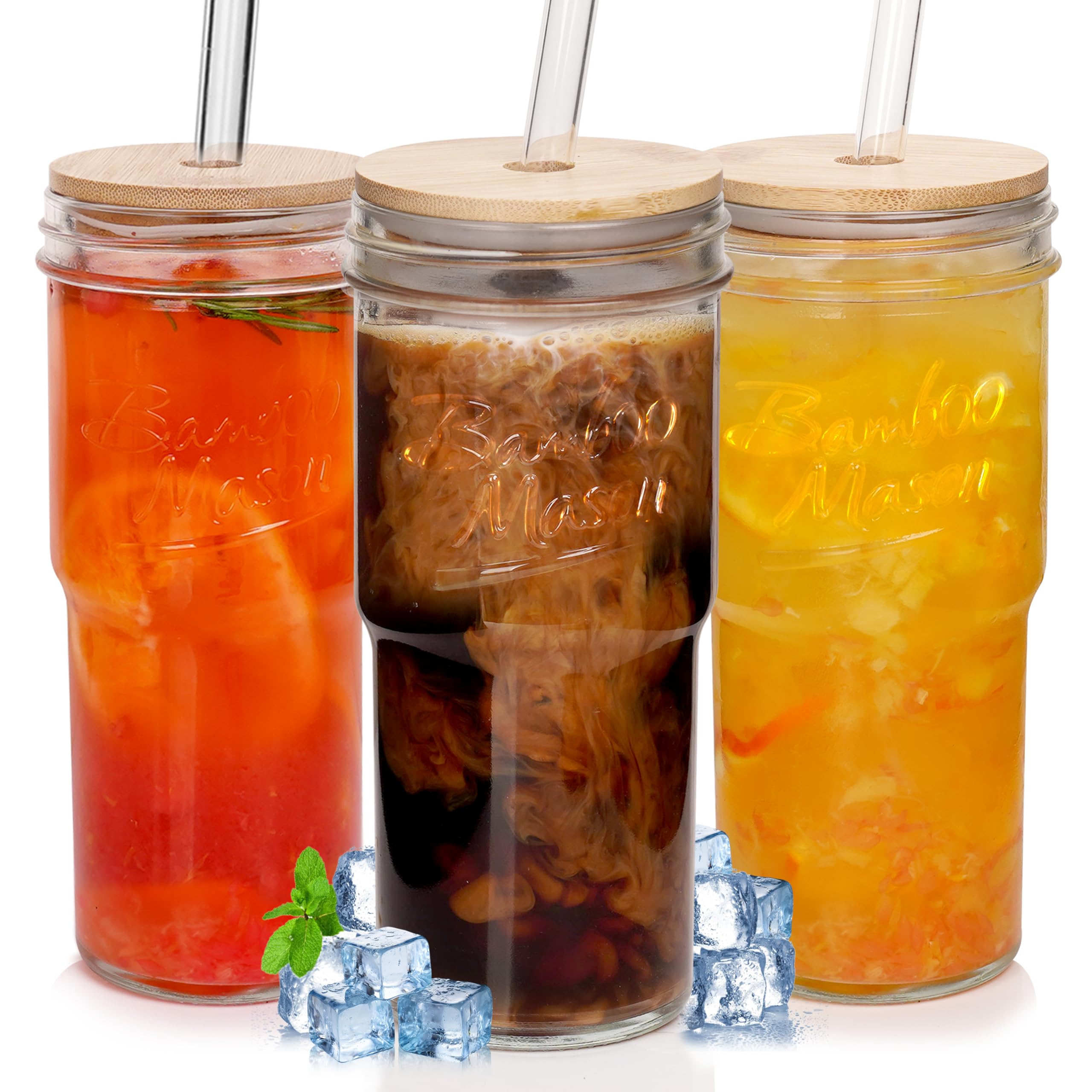 ANOTION Glass Cups with Lids and Straws - 40 Oz Tumbler with Handle and Straw Glass Water Bottles Drinking Glasses with Straws Iced Coffee Cups Travel Coffee Mug Smoothie Tumbler