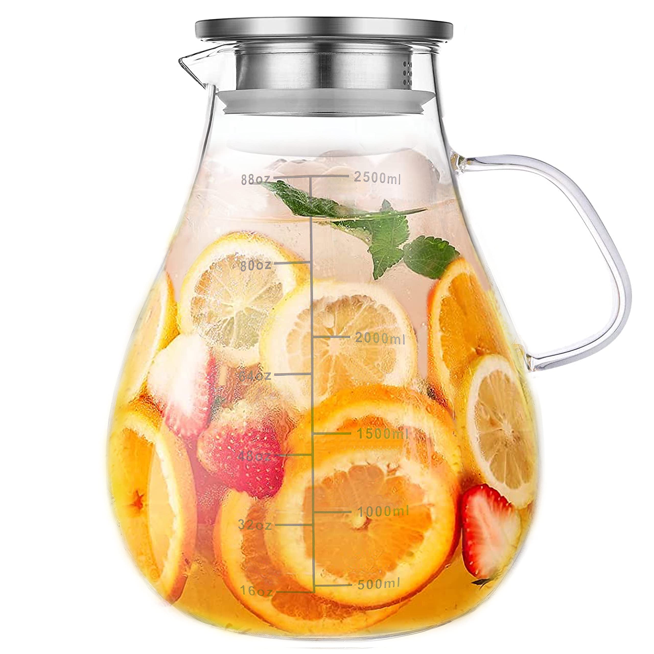 Set of 2 Glass Pitcher with Lid,2 Quart (64 oz / 1.9 Liter) Leak Proof,Glass Water Jugs, BPA-Free,Microwave & Dishwasher Safe Pitcher,Sun & Iced Tea, Sangria,Cold Brew Coffee & More