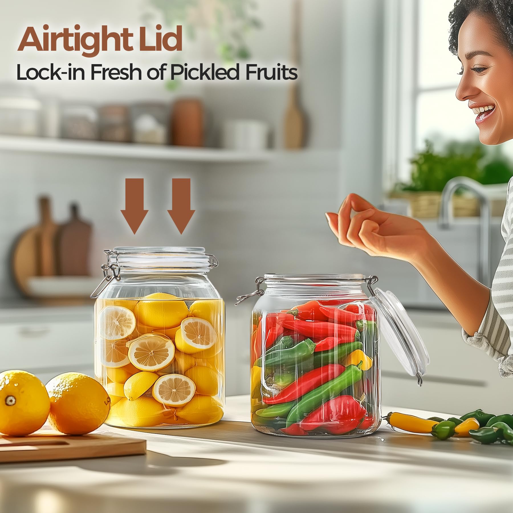 ComSaf Large Glass Jars with Lid 64 oz, Large Mason Jars Set of 3, Glass Canisters with Airtight Lids, Half Gallon Canning Jar with Seal Wire Clip Fastening for Kitchen, Pickle, Flour, Sugar, Cereal