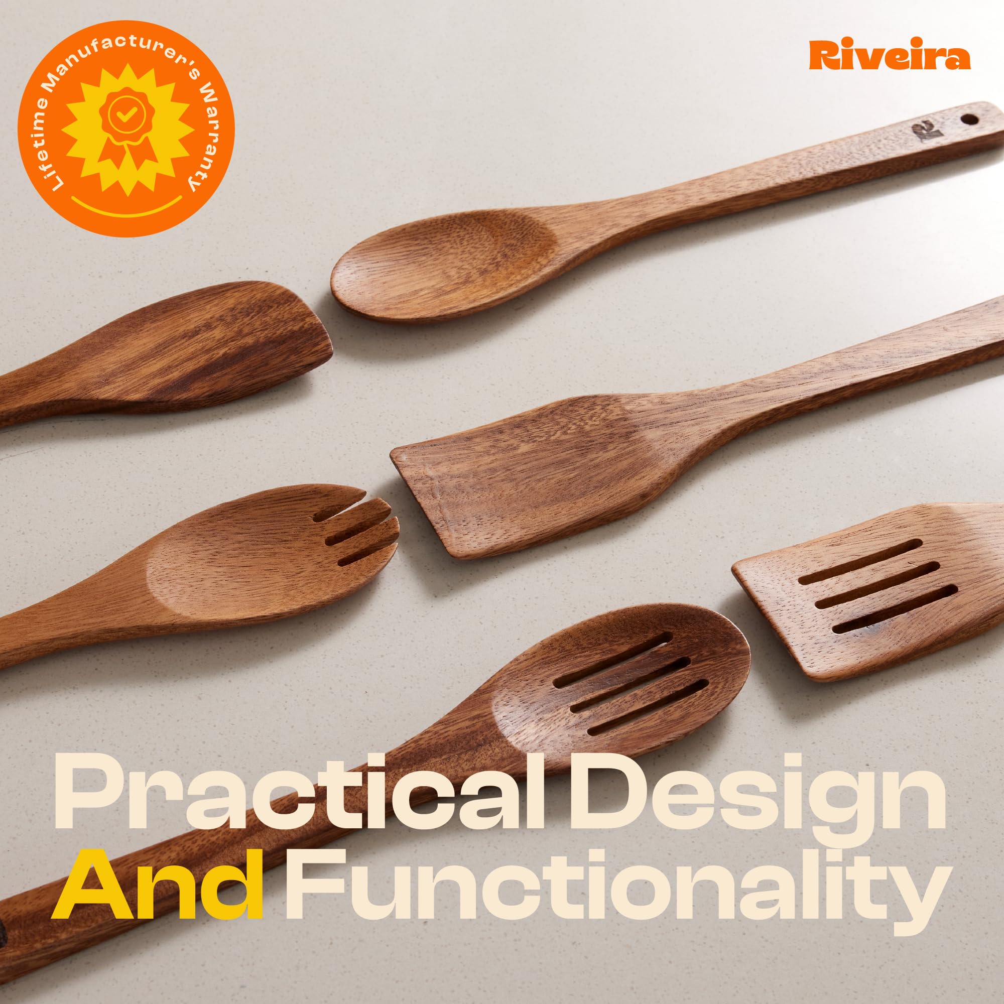 Riveira Premium Brown Bamboo Wooden Spoons for Cooking Set of 9 – Premium Brown Bamboo Wooden Cooking Utensils, Wooden Spatula, Wooden Spoon - Premium Quality Wooden Utensil Set for Non-Toxic Cooking