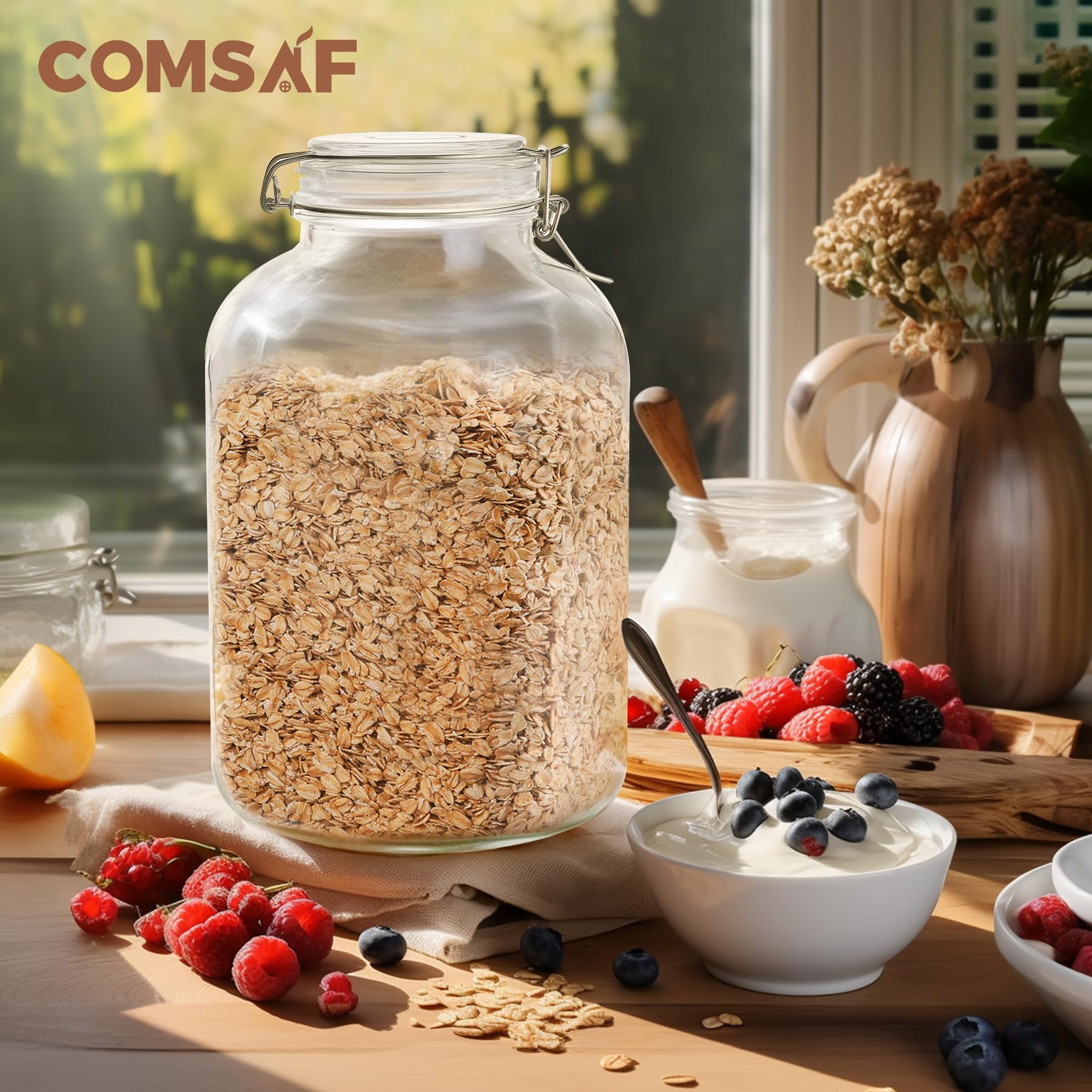 ComSaf Large Glass Jars with Lid 64 oz, Large Mason Jars Set of 3, Glass Canisters with Airtight Lids, Half Gallon Canning Jar with Seal Wire Clip Fastening for Kitchen, Pickle, Flour, Sugar, Cereal