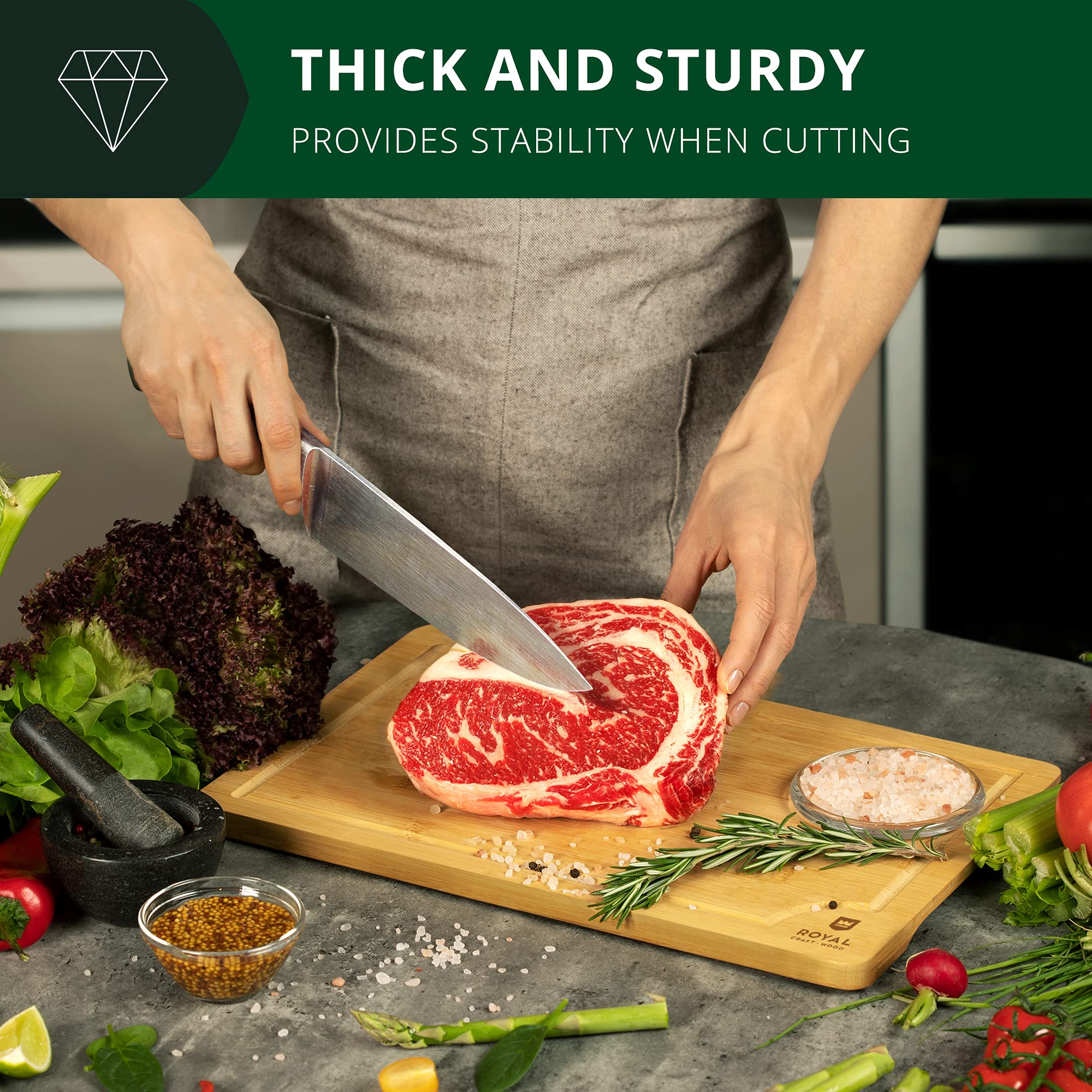 ROYAL CRAFT WOOD Wooden Cutting Boards for Kitchen Meal Prep & Serving - Bamboo Wood Serving Board Set - Charcuterie & Chopping Butcher Block for Meat