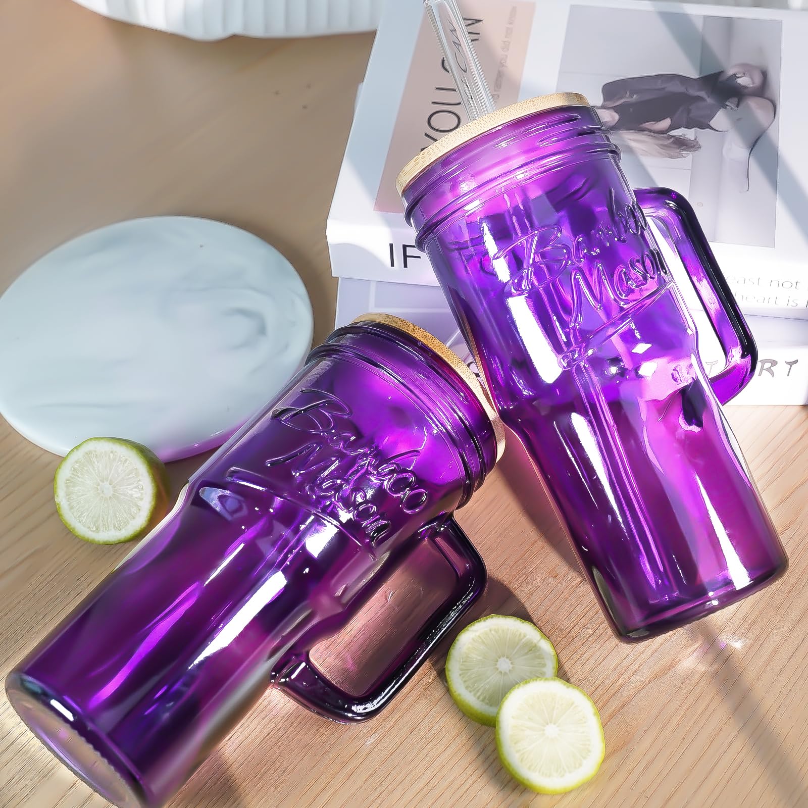 ANOTION Glass Cups with Lids and Straws - 40 Oz Tumbler with Handle and Straw Glass Water Bottles Drinking Glasses with Straws Iced Coffee Cups Travel Coffee Mug Smoothie Tumbler