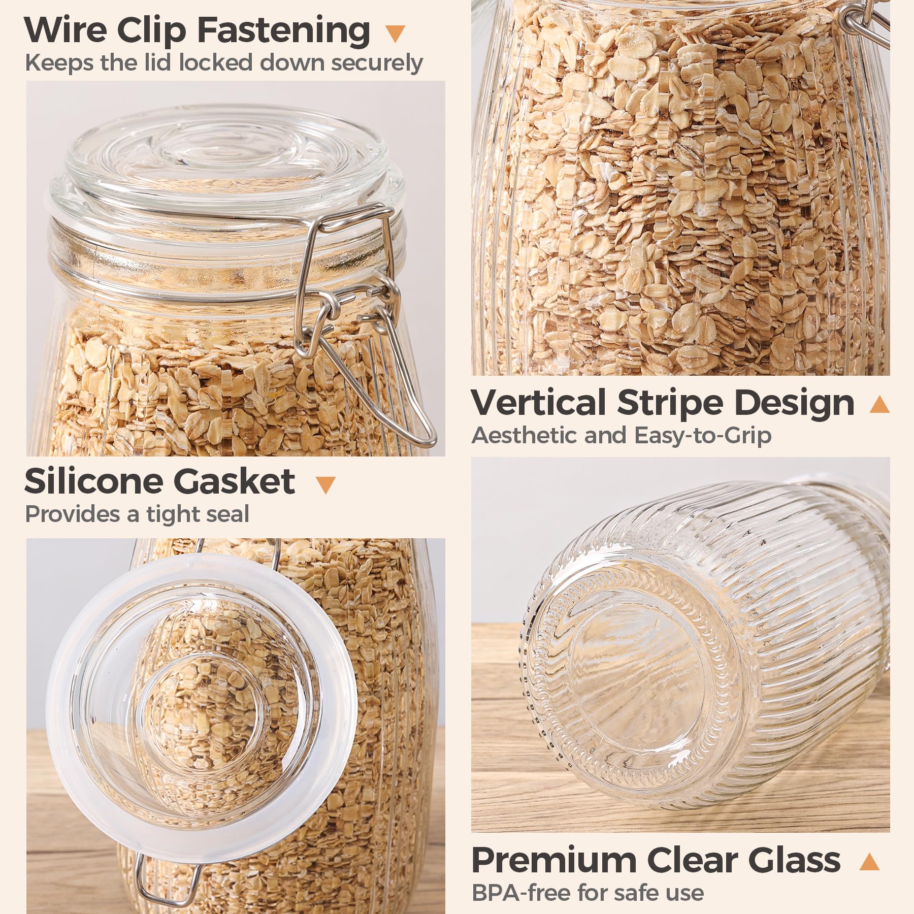 ComSaf Large Glass Jars with Lid 64 oz, Large Mason Jars Set of 3, Glass Canisters with Airtight Lids, Half Gallon Canning Jar with Seal Wire Clip Fastening for Kitchen, Pickle, Flour, Sugar, Cereal