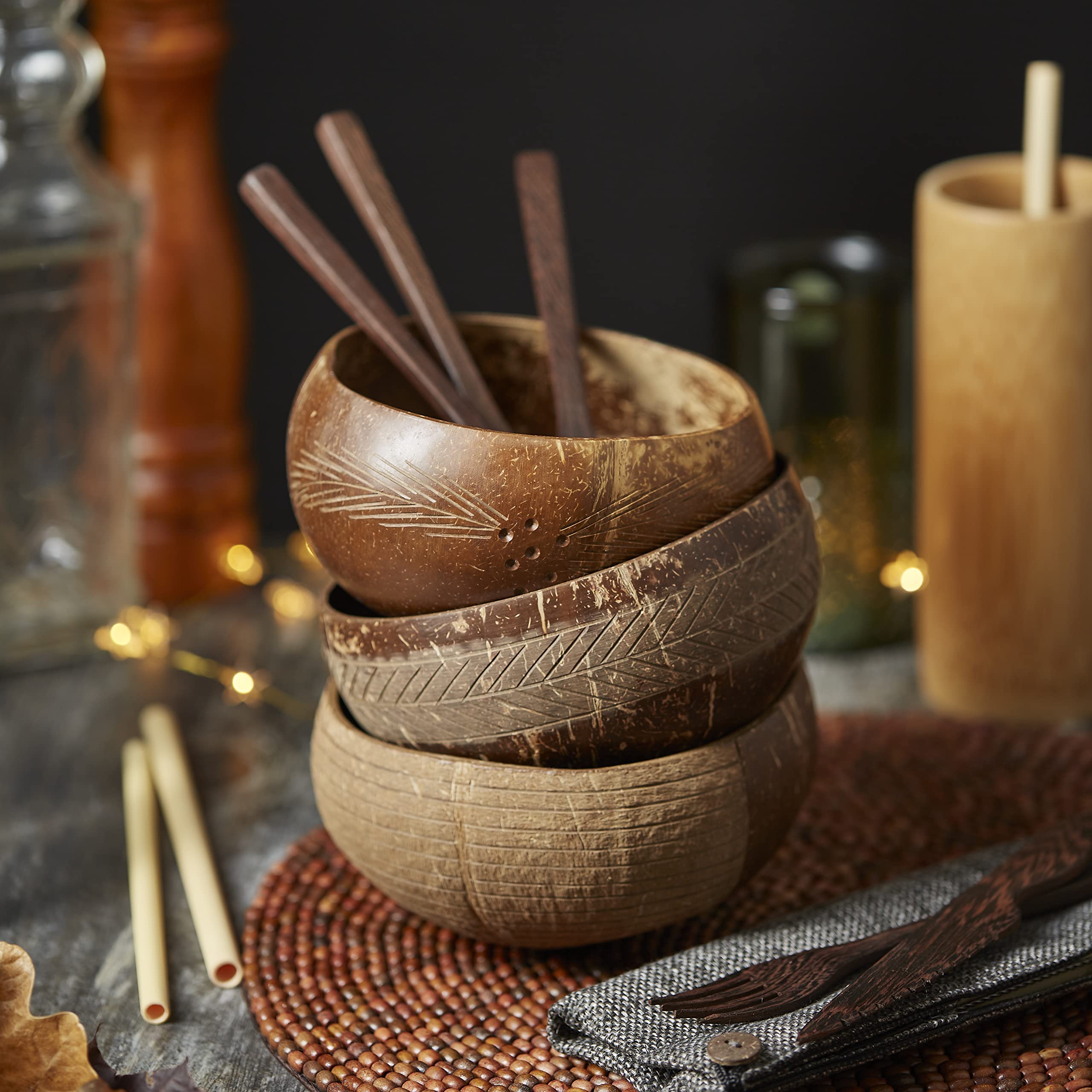 Jungle Culture 2 Polished Coconut Bowl and Wooden Spoons Set with Bamboo Straws • Natural Coconut Smoothie Bowls • Healthy Choice Coco Shell Acai & Buddha Bowls • Eco Friendly Vegan Gifts