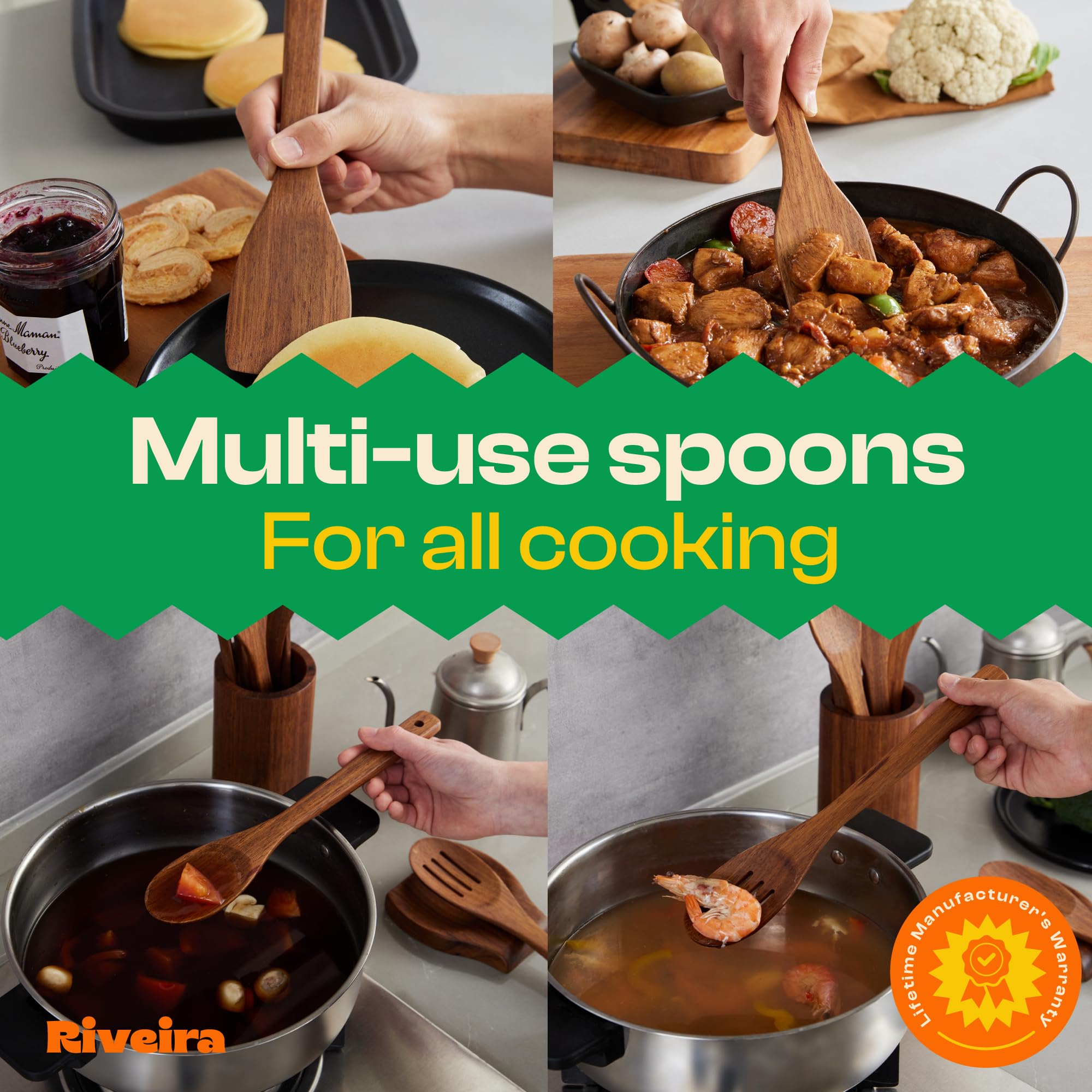 Riveira Premium Brown Bamboo Wooden Spoons for Cooking Set of 9 – Premium Brown Bamboo Wooden Cooking Utensils, Wooden Spatula, Wooden Spoon - Premium Quality Wooden Utensil Set for Non-Toxic Cooking