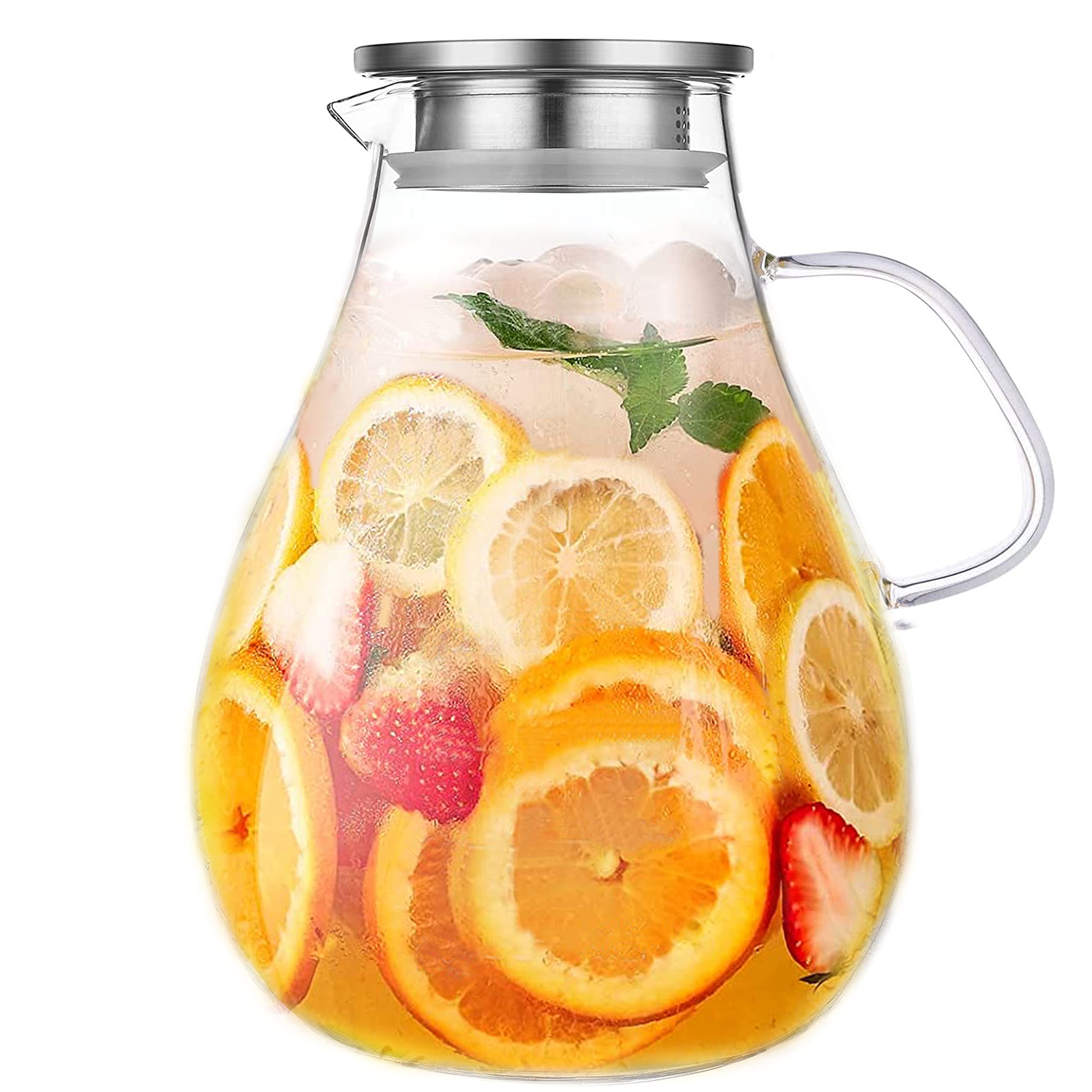 Set of 2 Glass Pitcher with Lid,2 Quart (64 oz / 1.9 Liter) Leak Proof,Glass Water Jugs, BPA-Free,Microwave & Dishwasher Safe Pitcher,Sun & Iced Tea, Sangria,Cold Brew Coffee & More