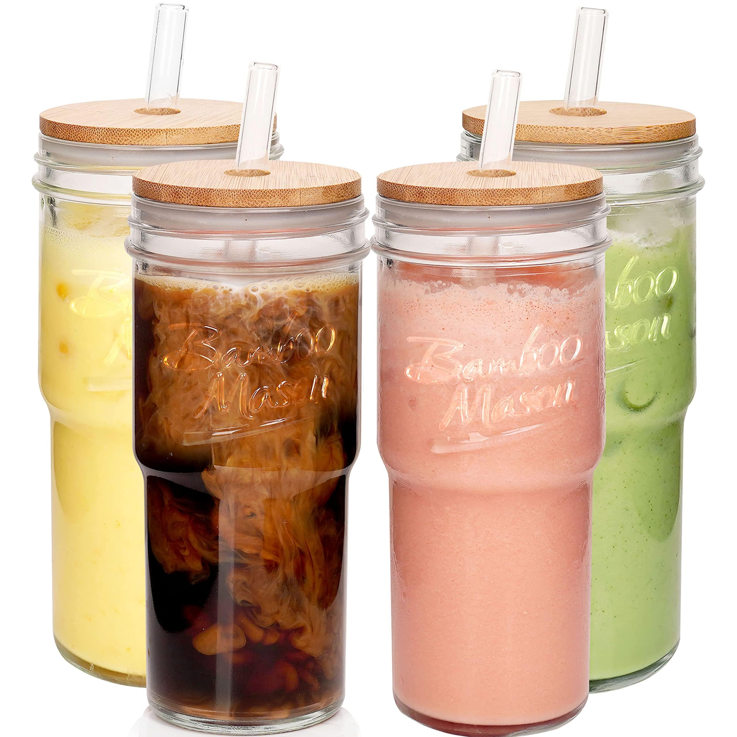 ANOTION Glass Cups with Lids and Straws - 40 Oz Tumbler with Handle and Straw Glass Water Bottles Drinking Glasses with Straws Iced Coffee Cups Travel Coffee Mug Smoothie Tumbler