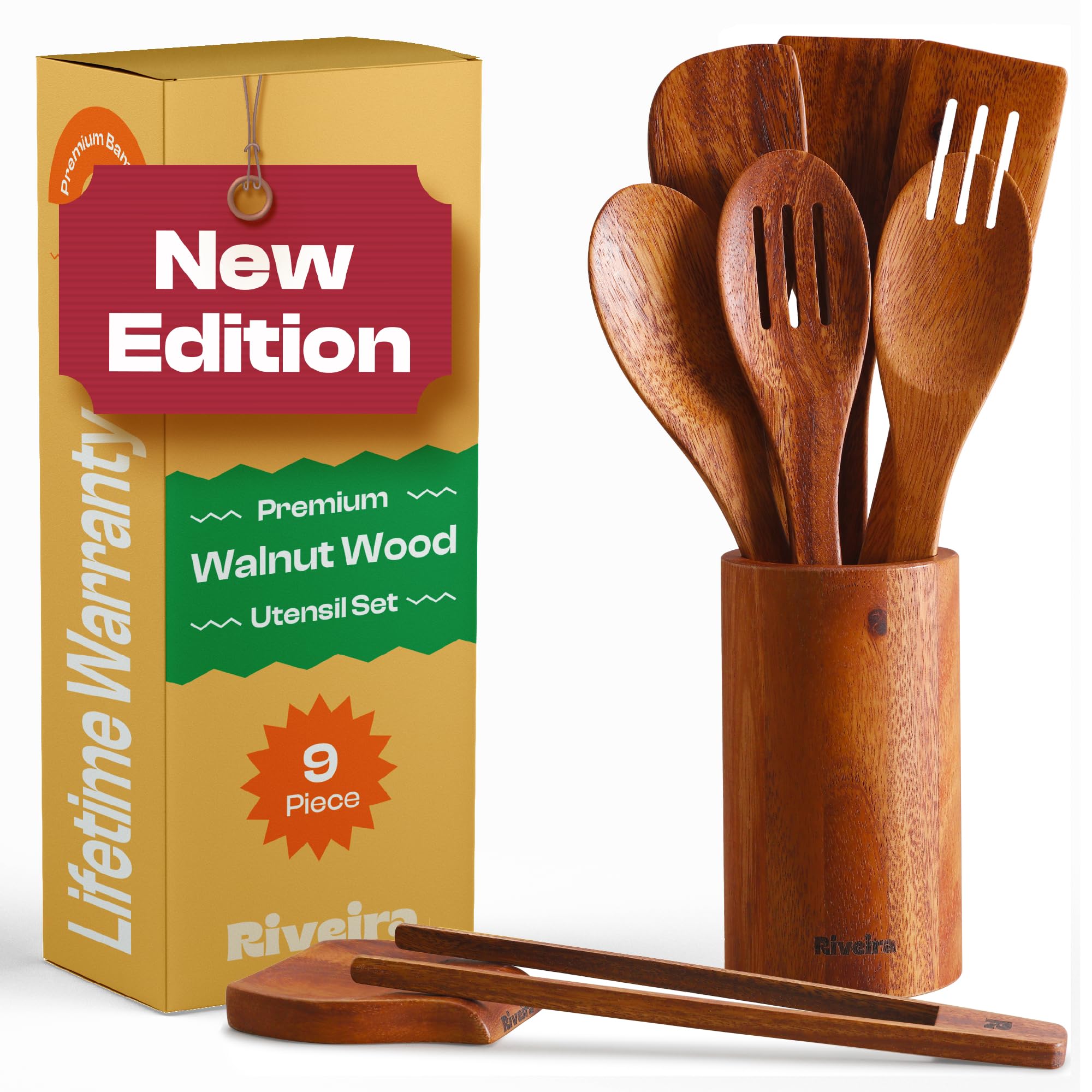 Riveira Premium Brown Bamboo Wooden Spoons for Cooking Set of 9 – Premium Brown Bamboo Wooden Cooking Utensils, Wooden Spatula, Wooden Spoon - Premium Quality Wooden Utensil Set for Non-Toxic Cooking