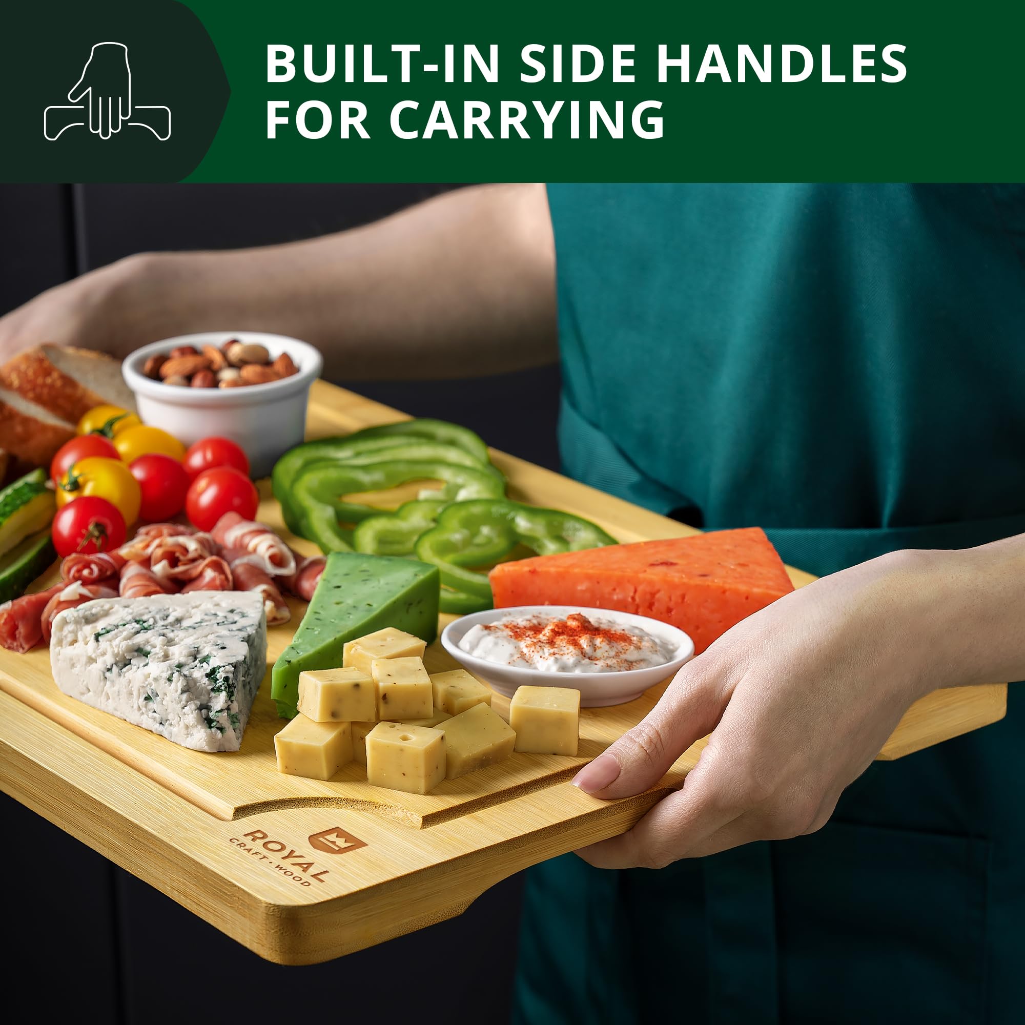 ROYAL CRAFT WOOD Wooden Cutting Boards for Kitchen Meal Prep & Serving - Bamboo Wood Serving Board Set - Charcuterie & Chopping Butcher Block for Meat