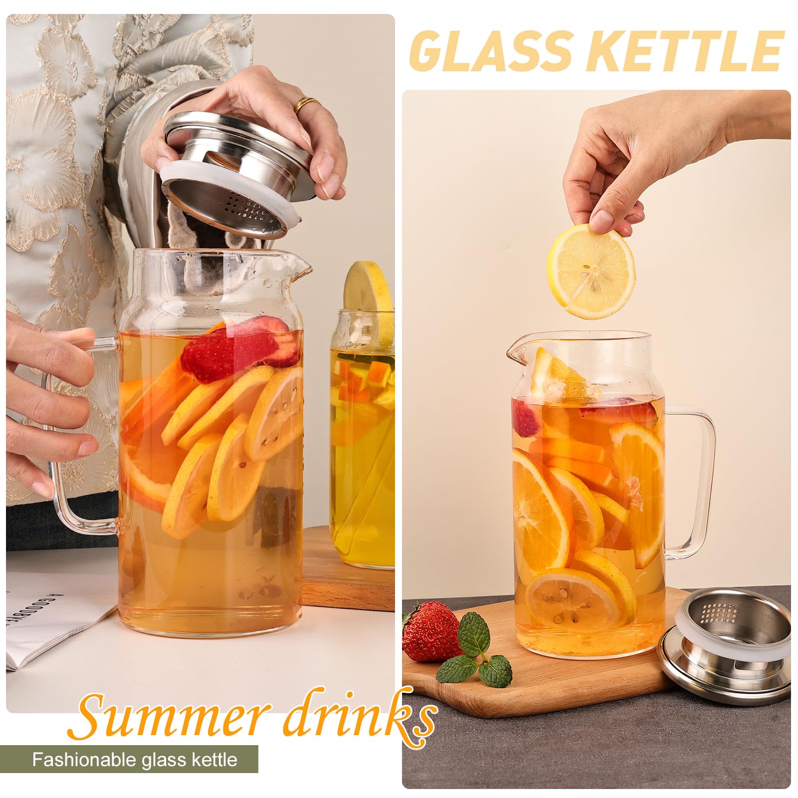 Set of 2 Glass Pitcher with Lid,2 Quart (64 oz / 1.9 Liter) Leak Proof,Glass Water Jugs, BPA-Free,Microwave & Dishwasher Safe Pitcher,Sun & Iced Tea, Sangria,Cold Brew Coffee & More