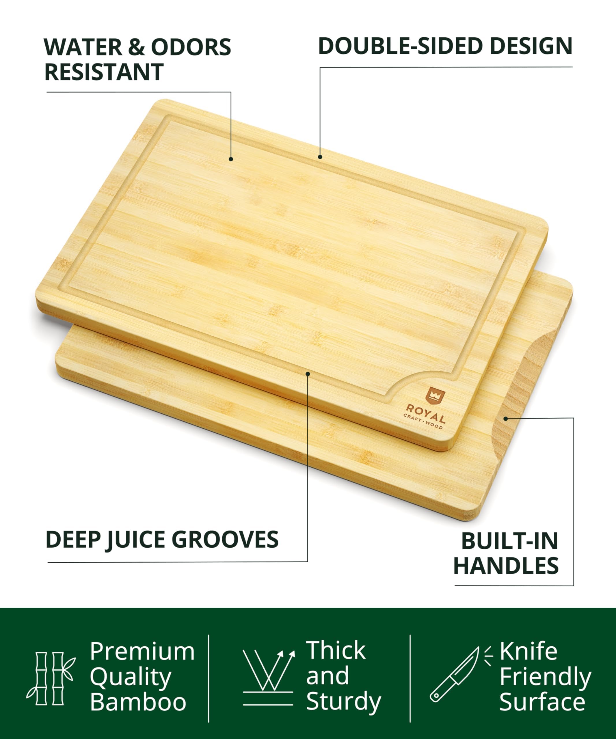 ROYAL CRAFT WOOD Wooden Cutting Boards for Kitchen Meal Prep & Serving - Bamboo Wood Serving Board Set - Charcuterie & Chopping Butcher Block for Meat