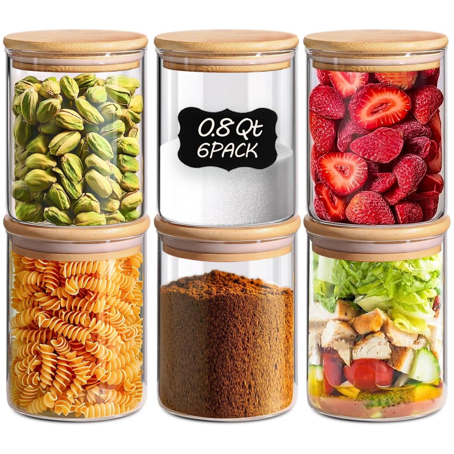 ComSaf 1 Qt Glass Storage Containers with Lids, Glass Jars with Lids, Clear Food Storage Jar, Round Canister Set of 6, Pantry Organizers for Cookie Pasta Flour Rice Tea Coffee Bean