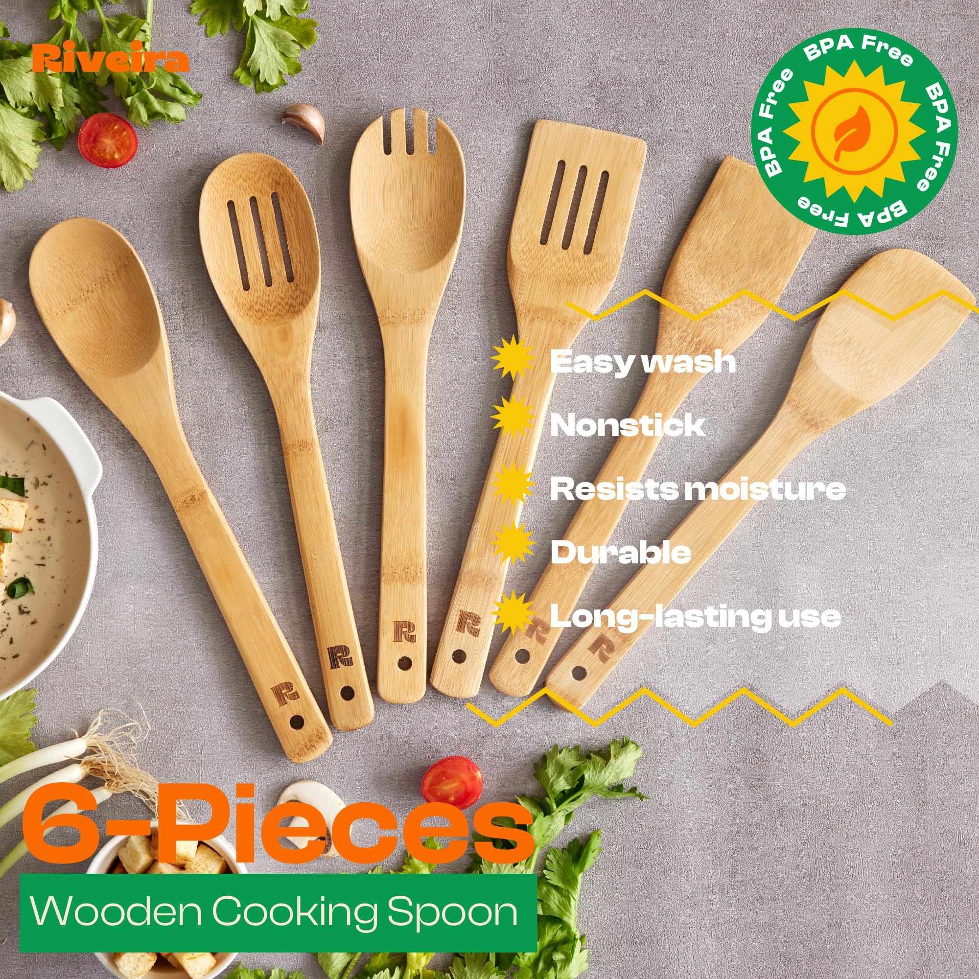 Riveira Premium Brown Bamboo Wooden Spoons for Cooking Set of 9 – Premium Brown Bamboo Wooden Cooking Utensils, Wooden Spatula, Wooden Spoon - Premium Quality Wooden Utensil Set for Non-Toxic Cooking