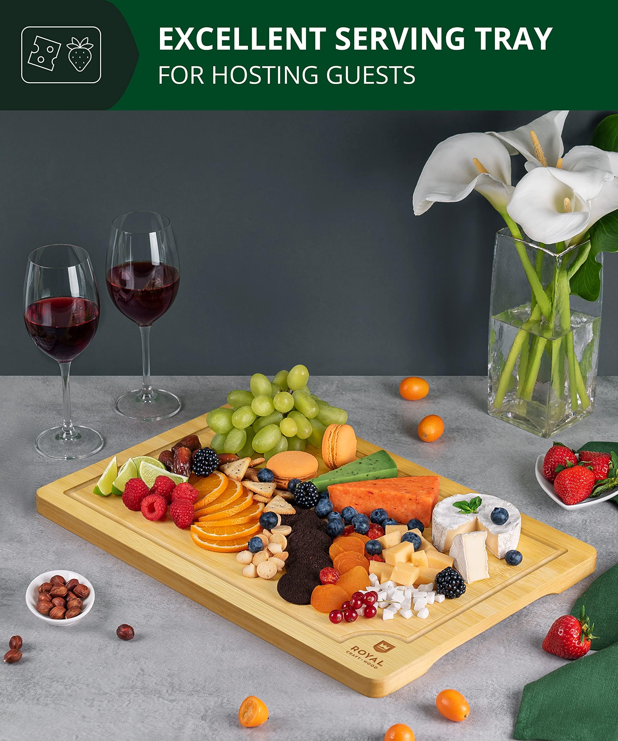 ROYAL CRAFT WOOD Wooden Cutting Boards for Kitchen Meal Prep & Serving - Bamboo Wood Serving Board Set - Charcuterie & Chopping Butcher Block for Meat