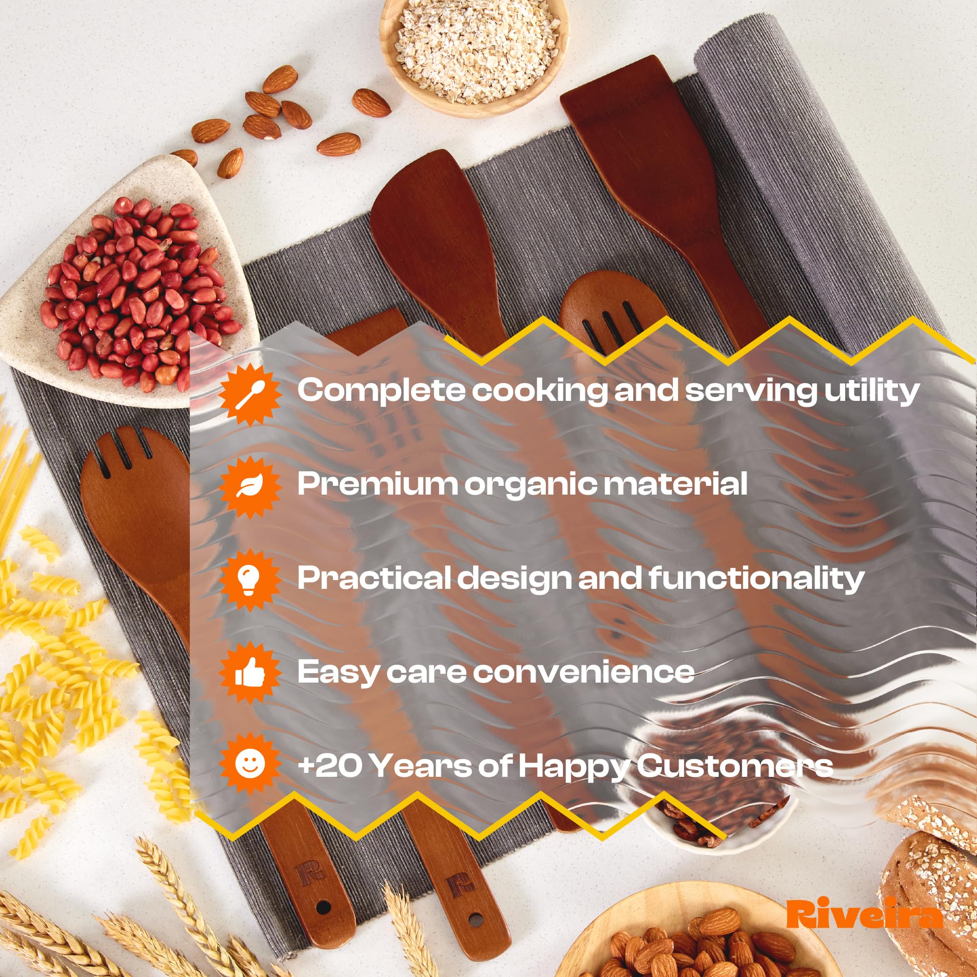 Riveira Premium Brown Bamboo Wooden Spoons for Cooking Set of 9 – Premium Brown Bamboo Wooden Cooking Utensils, Wooden Spatula, Wooden Spoon - Premium Quality Wooden Utensil Set for Non-Toxic Cooking