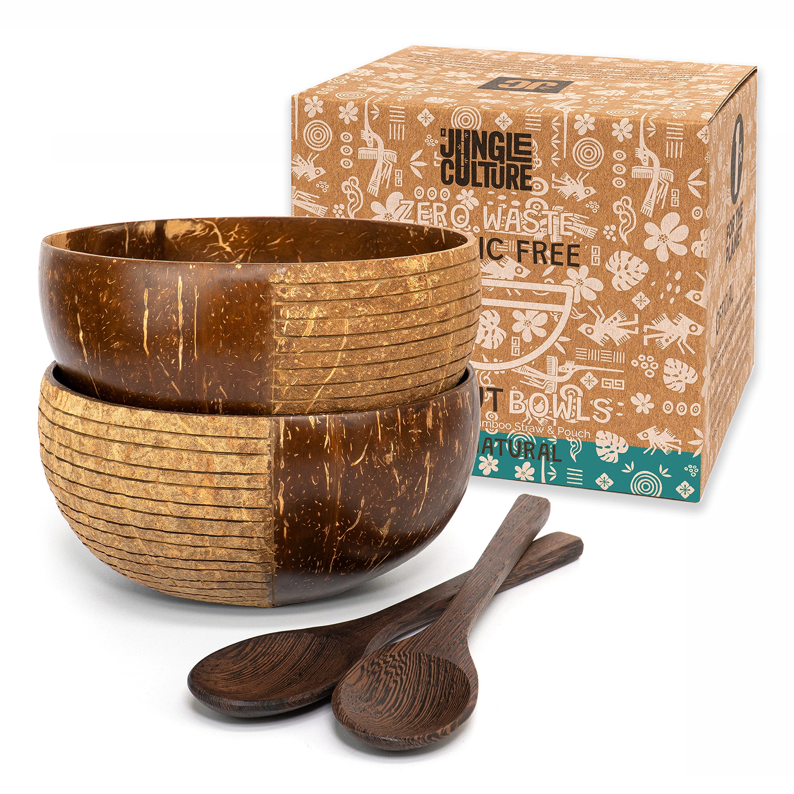 Jungle Culture 2 Polished Coconut Bowl and Wooden Spoons Set with Bamboo Straws • Natural Coconut Smoothie Bowls • Healthy Choice Coco Shell Acai & Buddha Bowls • Eco Friendly Vegan Gifts